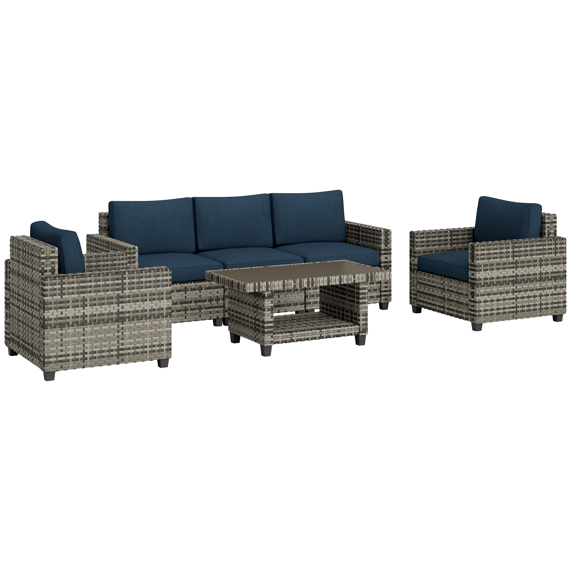 6 Piece Rattan Garden Furniture Set with Cushions and Steel Frame Coffee Table Navy Blue