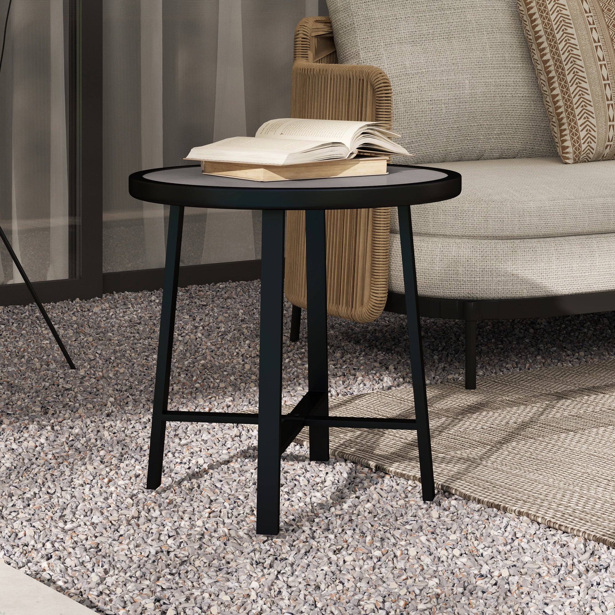 Small Round Garden Side Table with Waterproof SPC Top - Grey Wood Effect