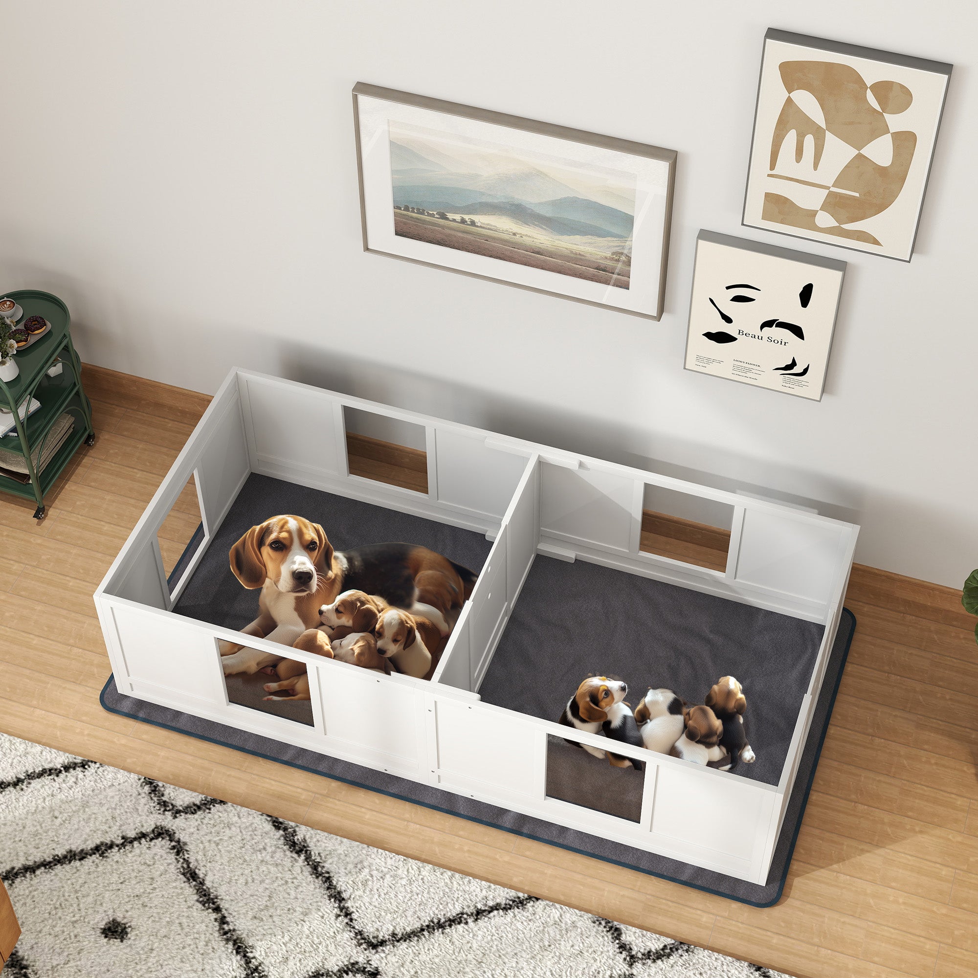 Two Room Design Whelping Box for Dogs with Whelping Pad, Clear Panels, Adjustable Entrance, for Medium Dogs, 196 x 96cm