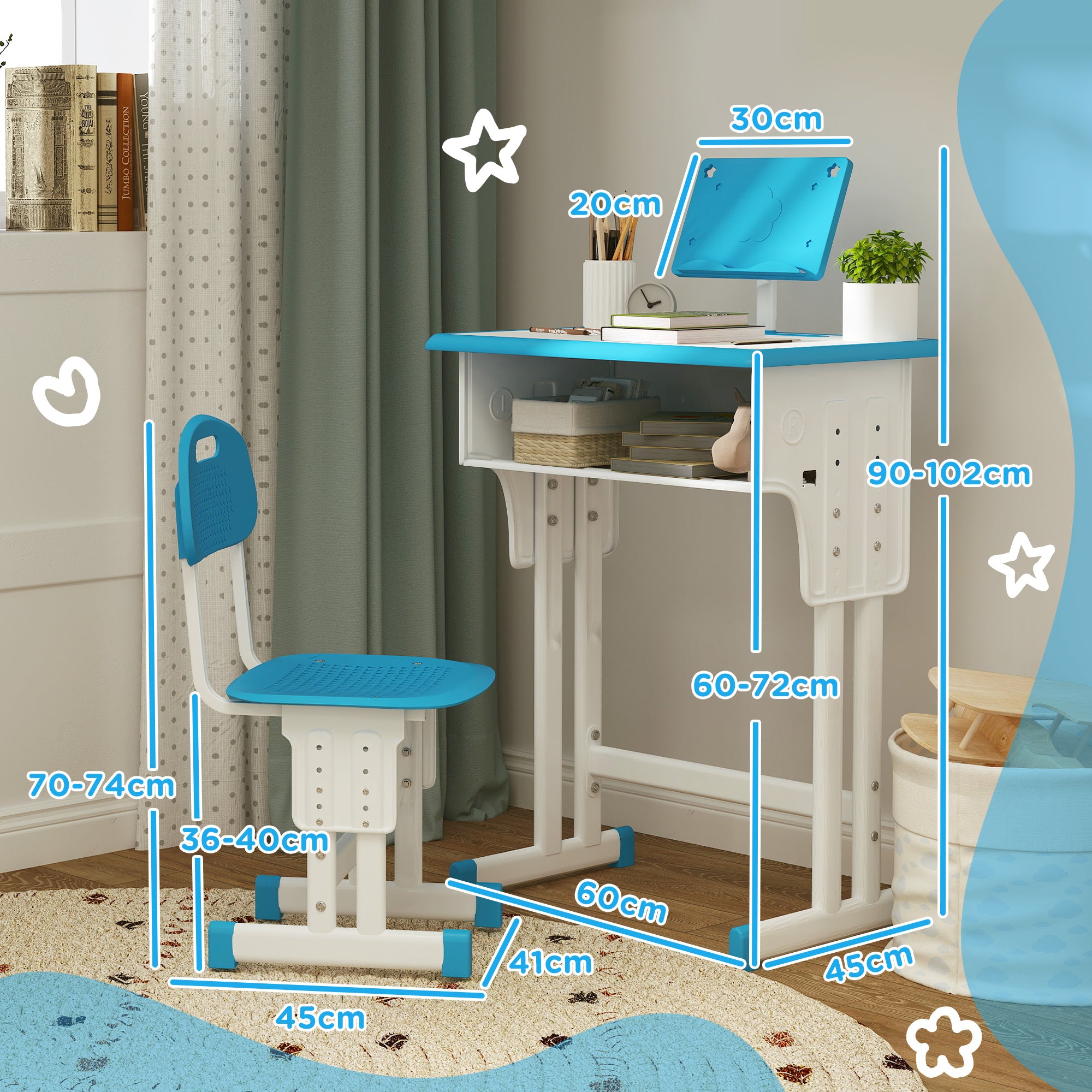 Kids Adjustable Desk and Chair Set, Book Stand, Pen Slot - Blue