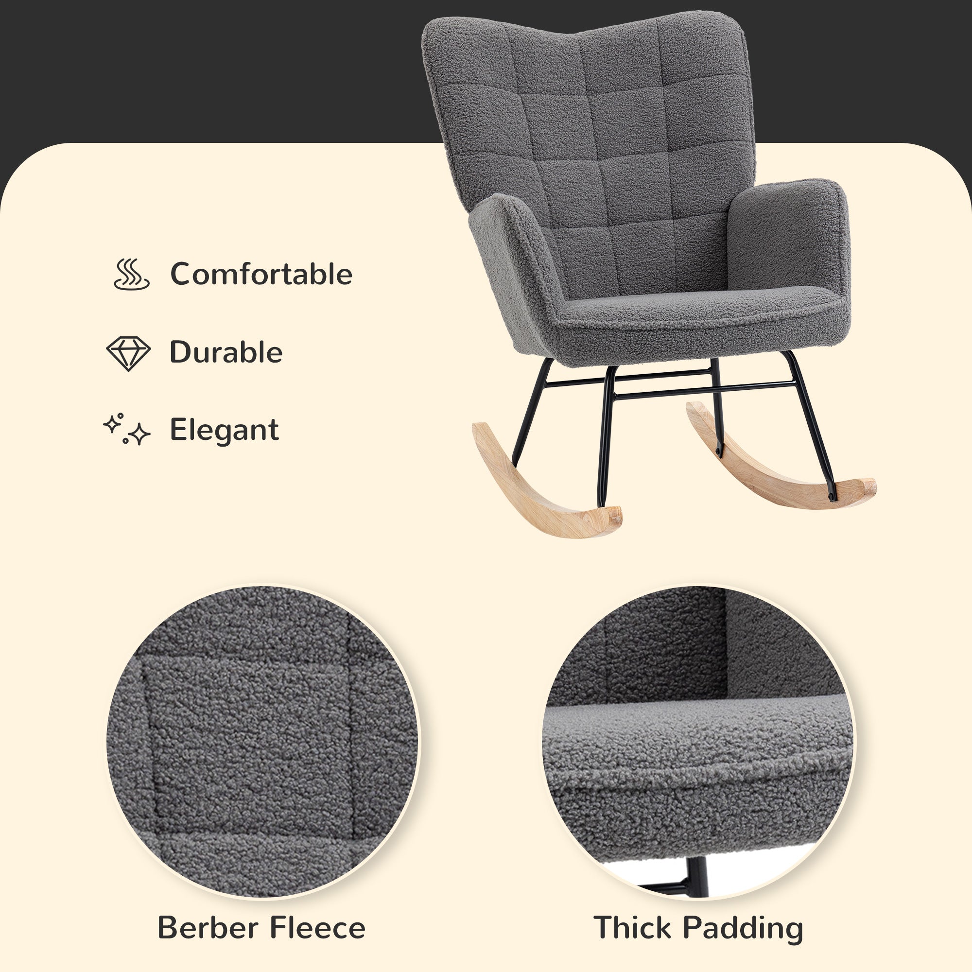 Living Room Furniture Set, Wingback Rocking Chair and Two Nesting Coffee Tables, White and Dark Grey