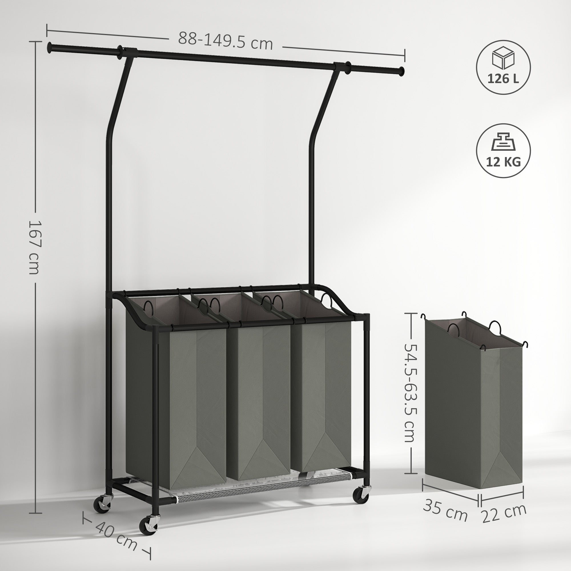 126L Laundry Sorter, Rolling Wash Basket with Hanging Rail and Mobile 3-Bag Organiser for Bedroom, Bathroom, Laundry Room, 88-149.5L x 40W x 167H cm, Dark Grey
