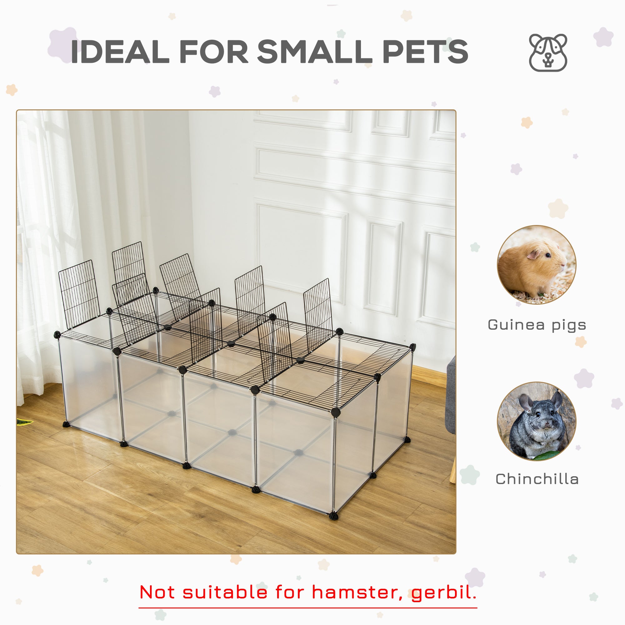 DIY Pet Playpen with Door Bottom 28 Panels Small Animal Cage for Guinea Pigs, Rabbit, Chinchilla, Transparent