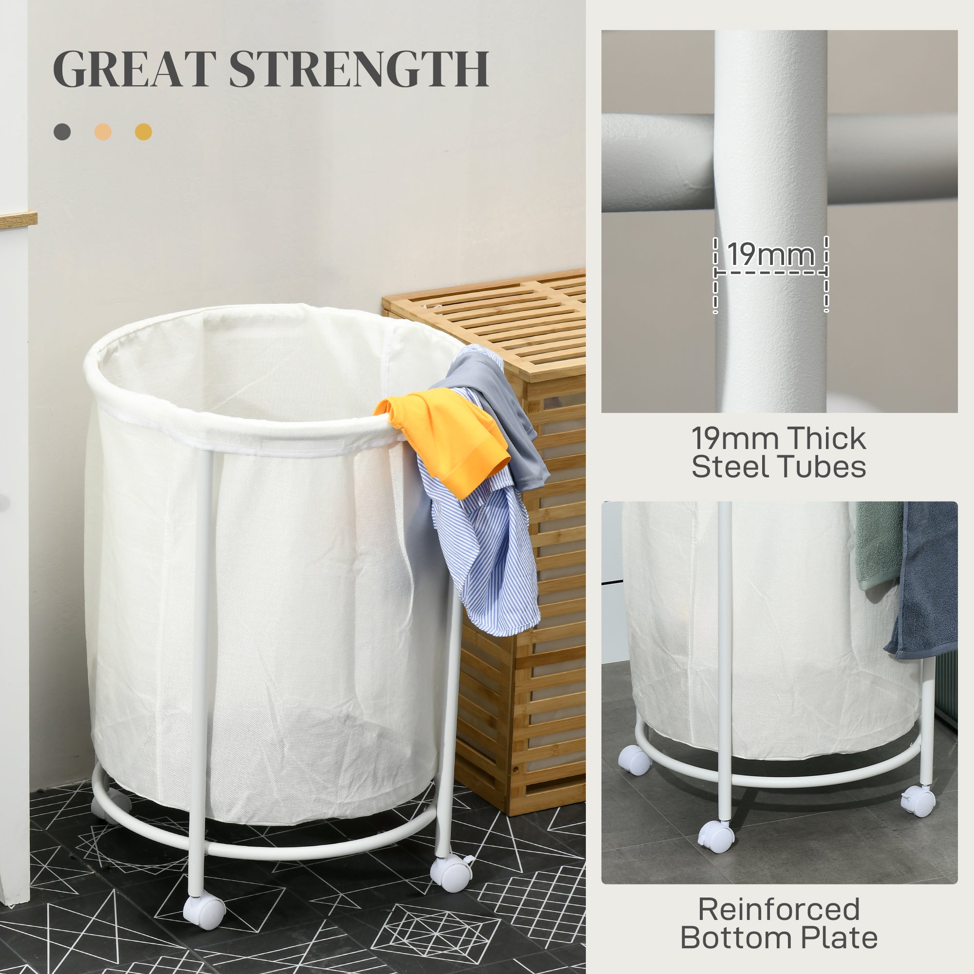 100L Steel Frame Laundry Bin, with Wheels - White