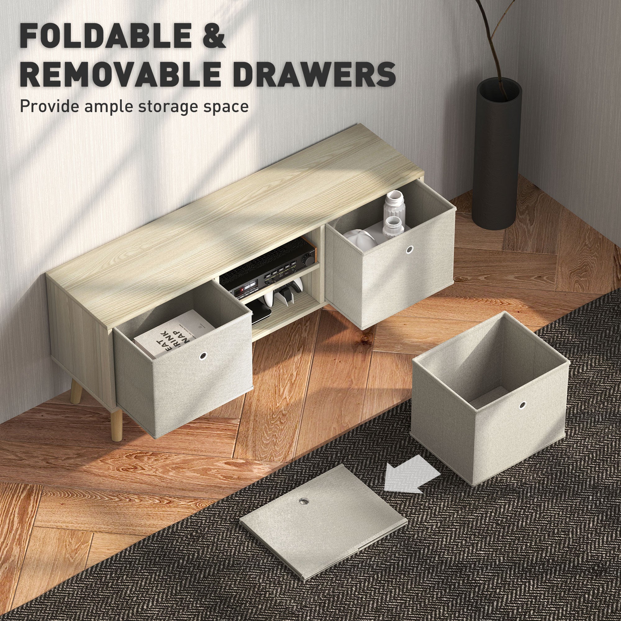 TV Cabinet Stand Unit for TVs up to 50'' with Foldable Drawers, Entertainment Centre for Living Room Natural