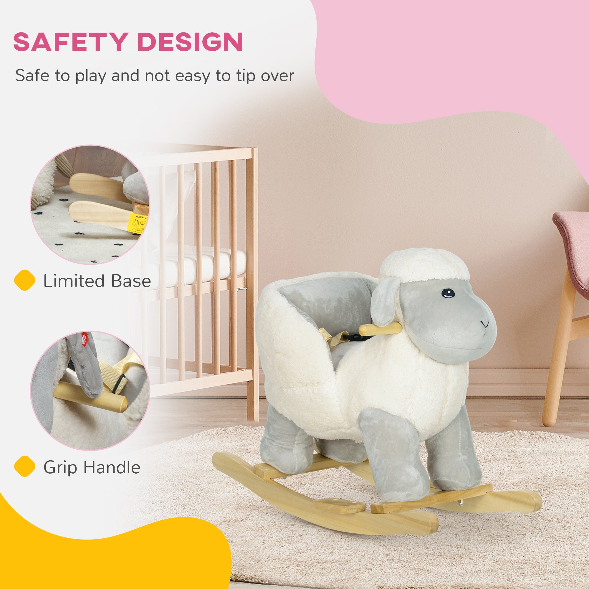 Rocking Horse, Ride on Lamb with Safety Belt, Sound, for Ages 1-3 Years, Grey