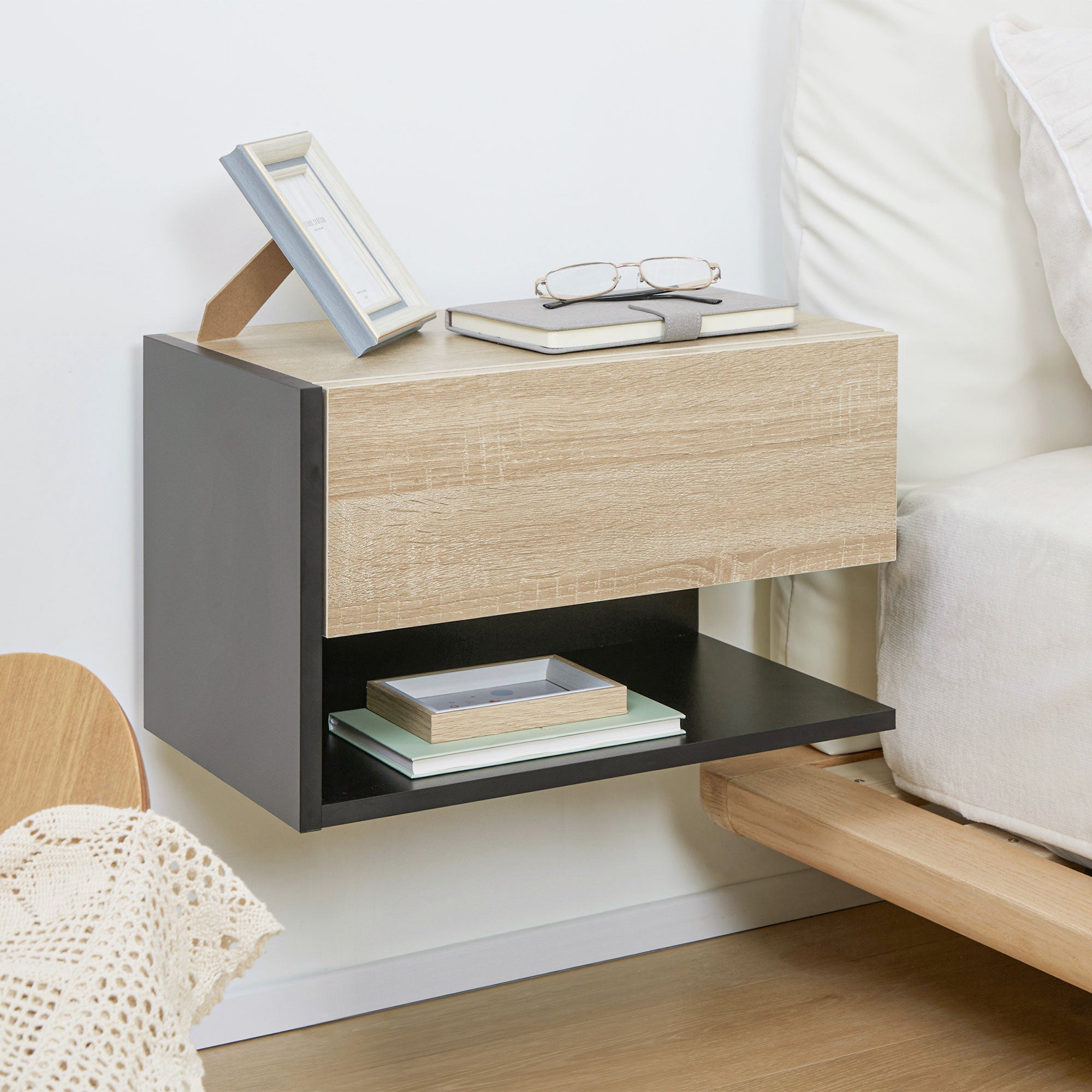 Floating Bedside Table Set of 2, Wall Mounted Bedside Cabinet with Drawer and Open Shelf, Modern Nightstand for Bedroom, 46 x 30 x 30 cm, Oak Tone