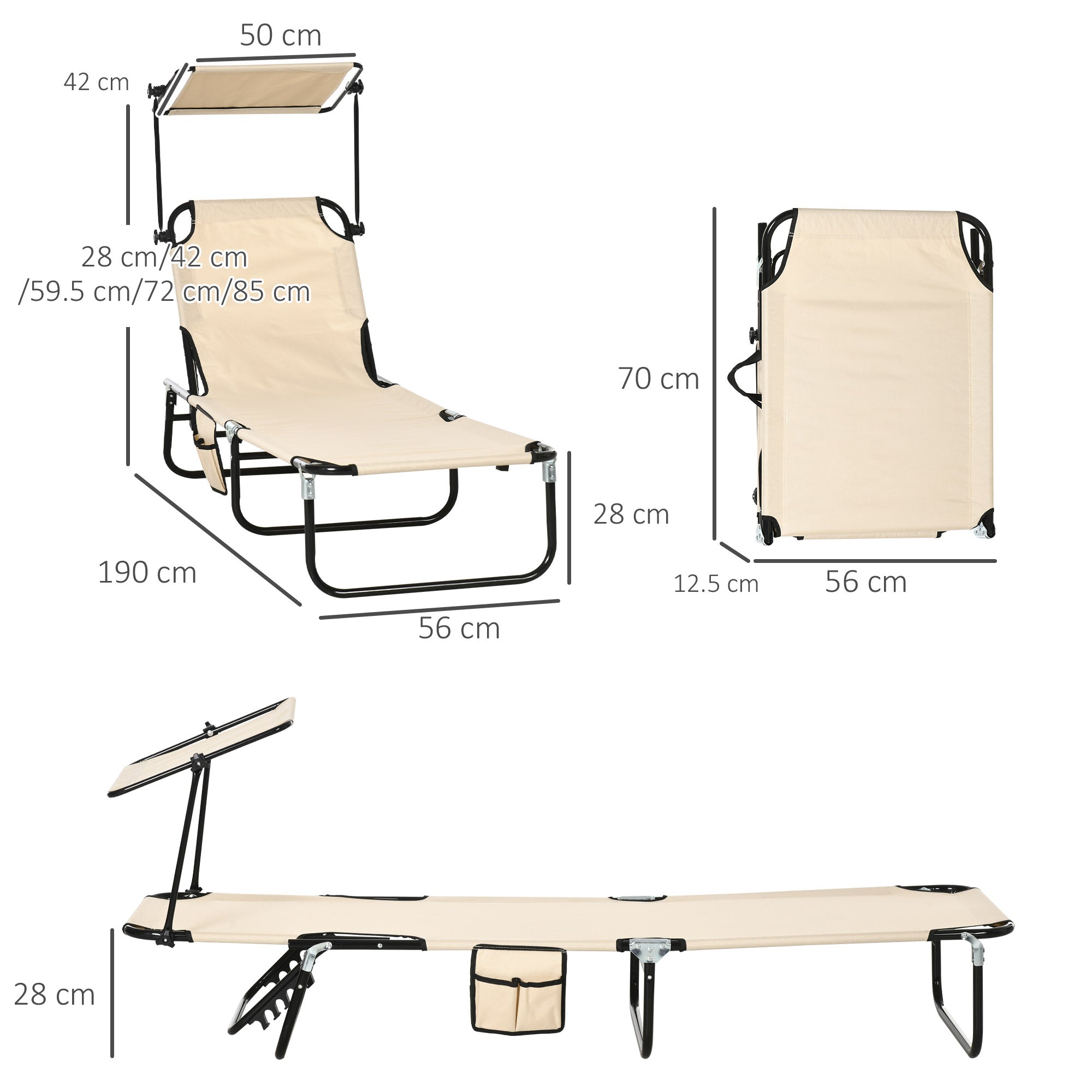 2 Piece Folding Adjustable Sun Loungers with Canopy and Side Pocket - Tan Brown