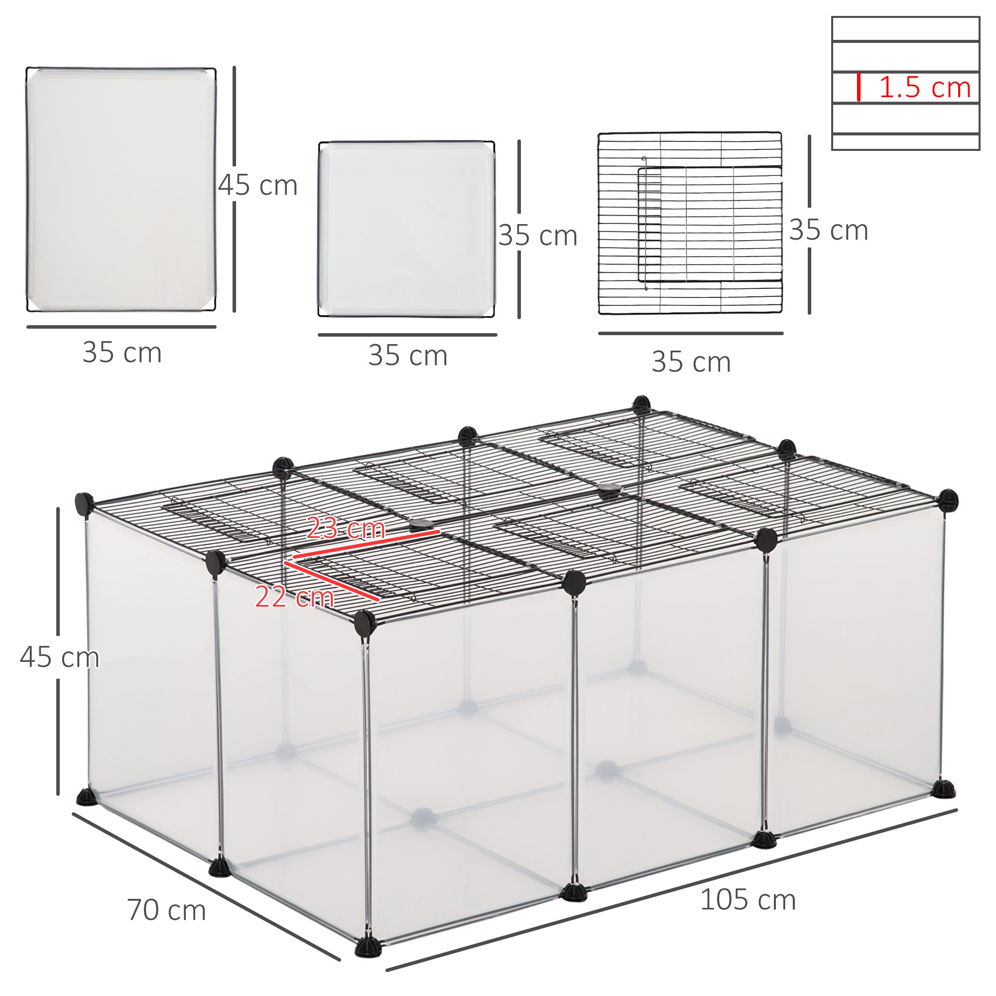 DIY Pet Playpen with Door Bottom 22 Panels Small Animal Cage for Guinea Pigs, Rabbit, Chinchilla, Transparent