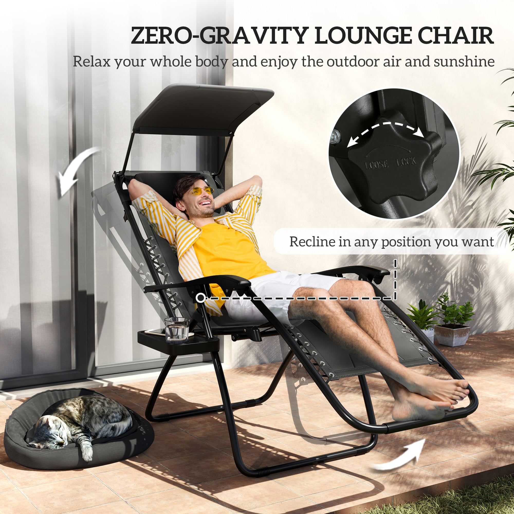 Set of 2 Zero Gravity Lounger Chairs with Padded Seat and Shade Cover - Black