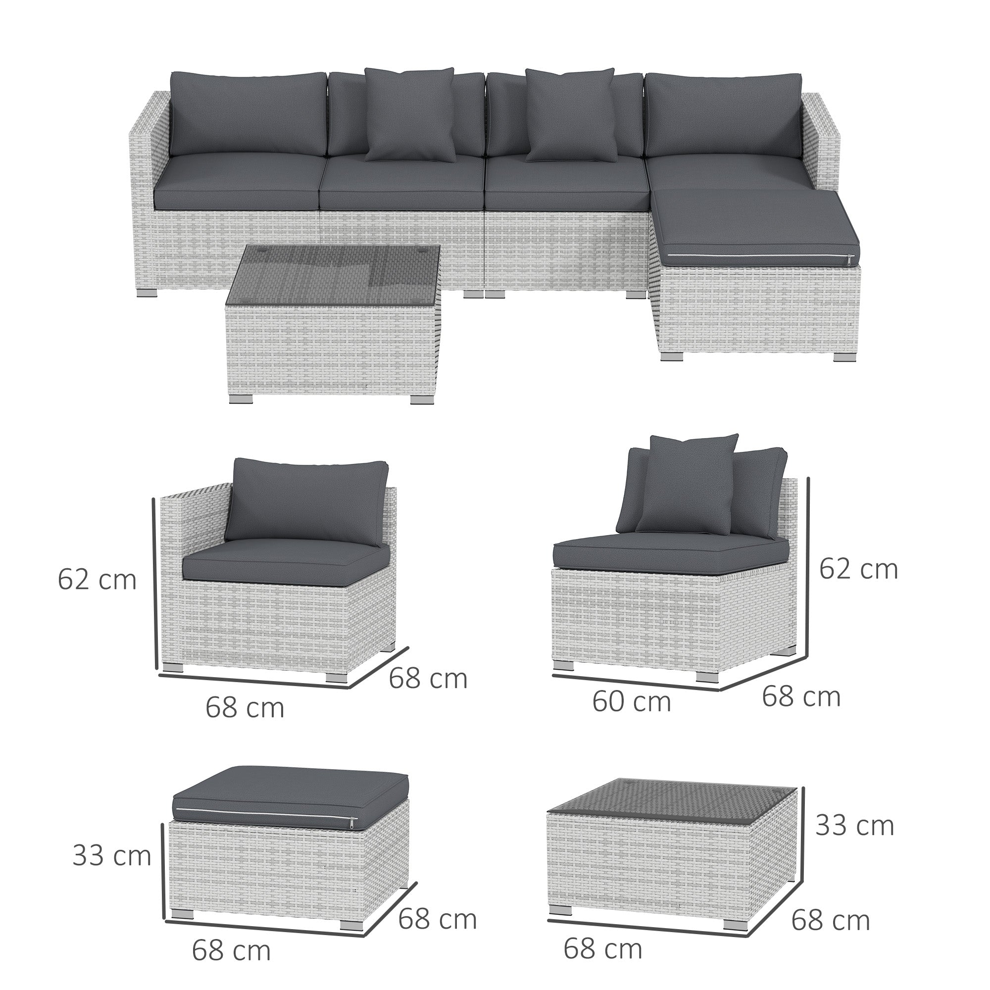 6 Piece Rattan Corner Sofa Set with Cushions and Glass Table - Mixed Grey