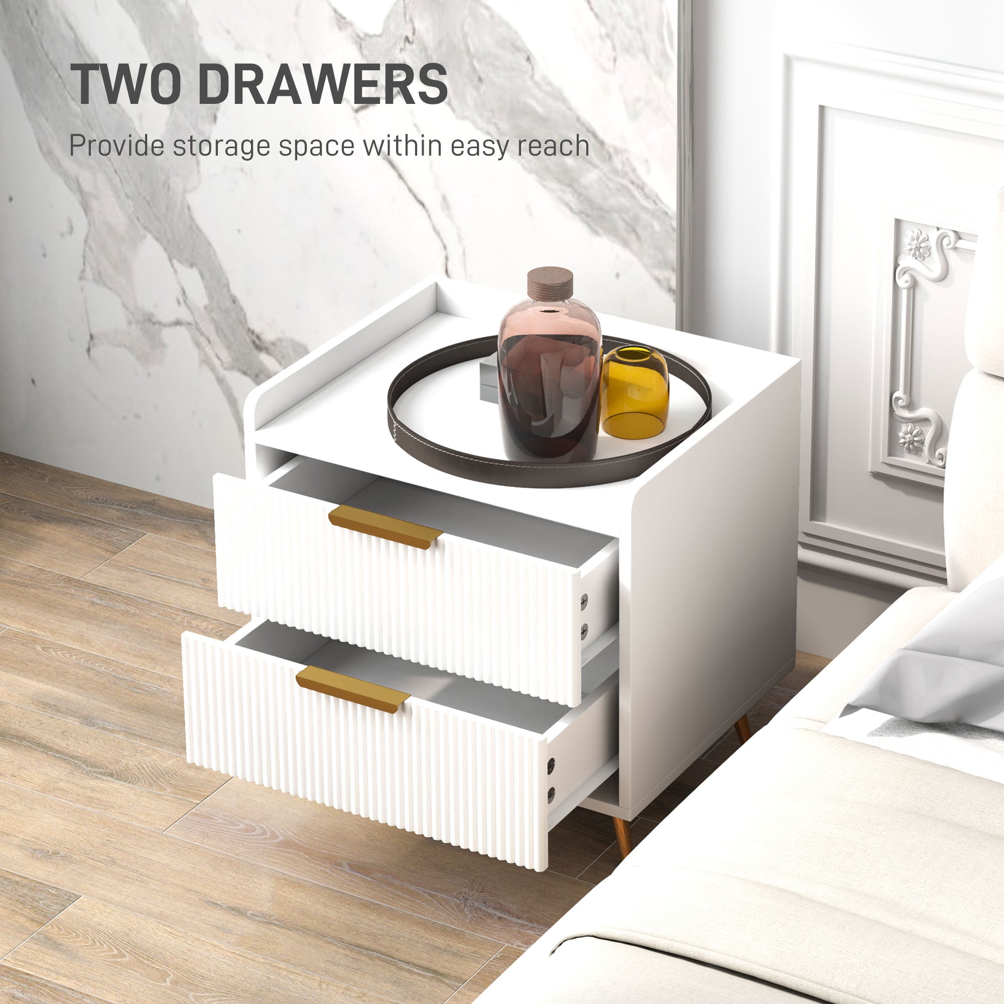 Elegant Two-Drawer Bedside Table with Gold Handles - White