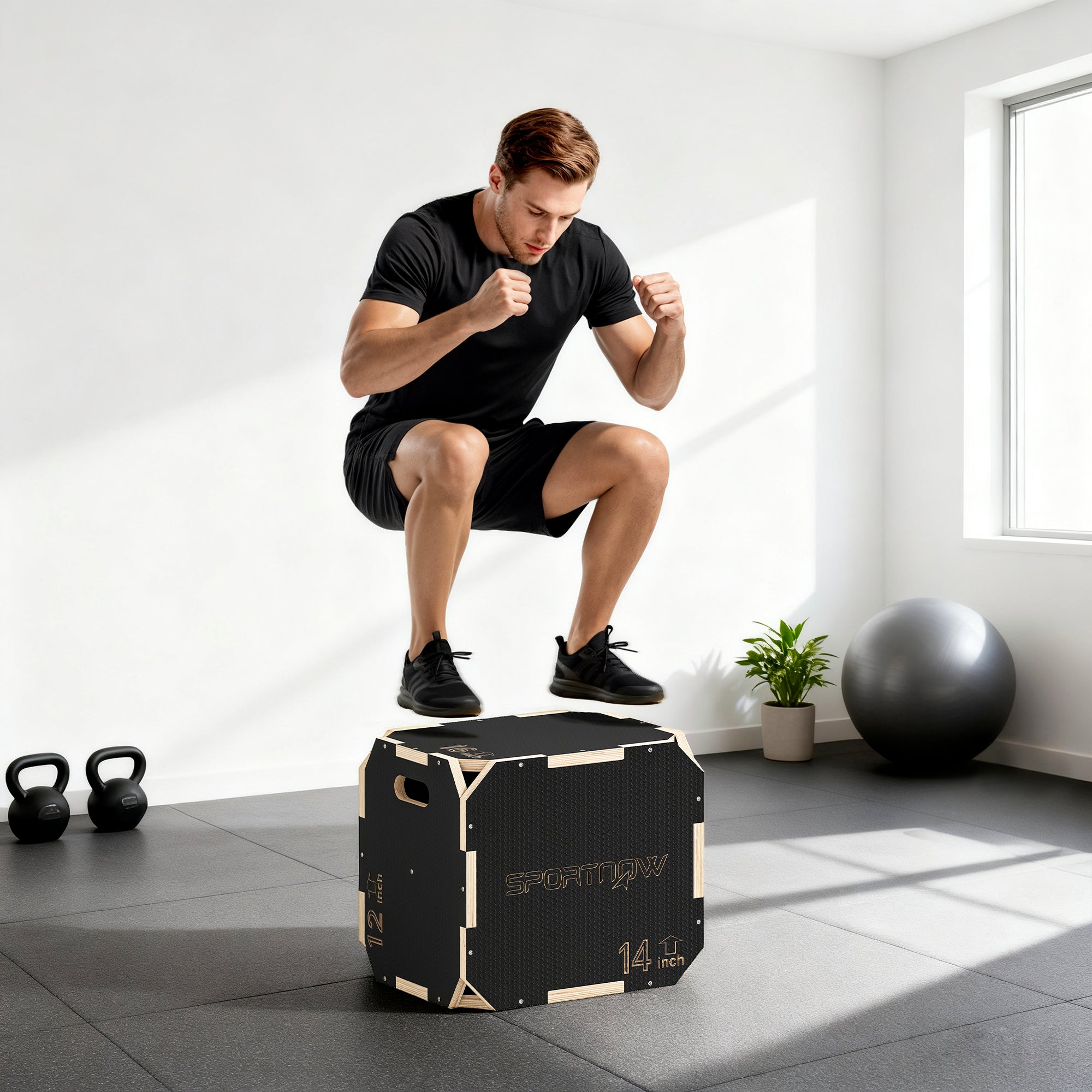 Non-Slip Plyo Box, Corner-free Wooden Jump Box, 31 x 36 x 41 cm