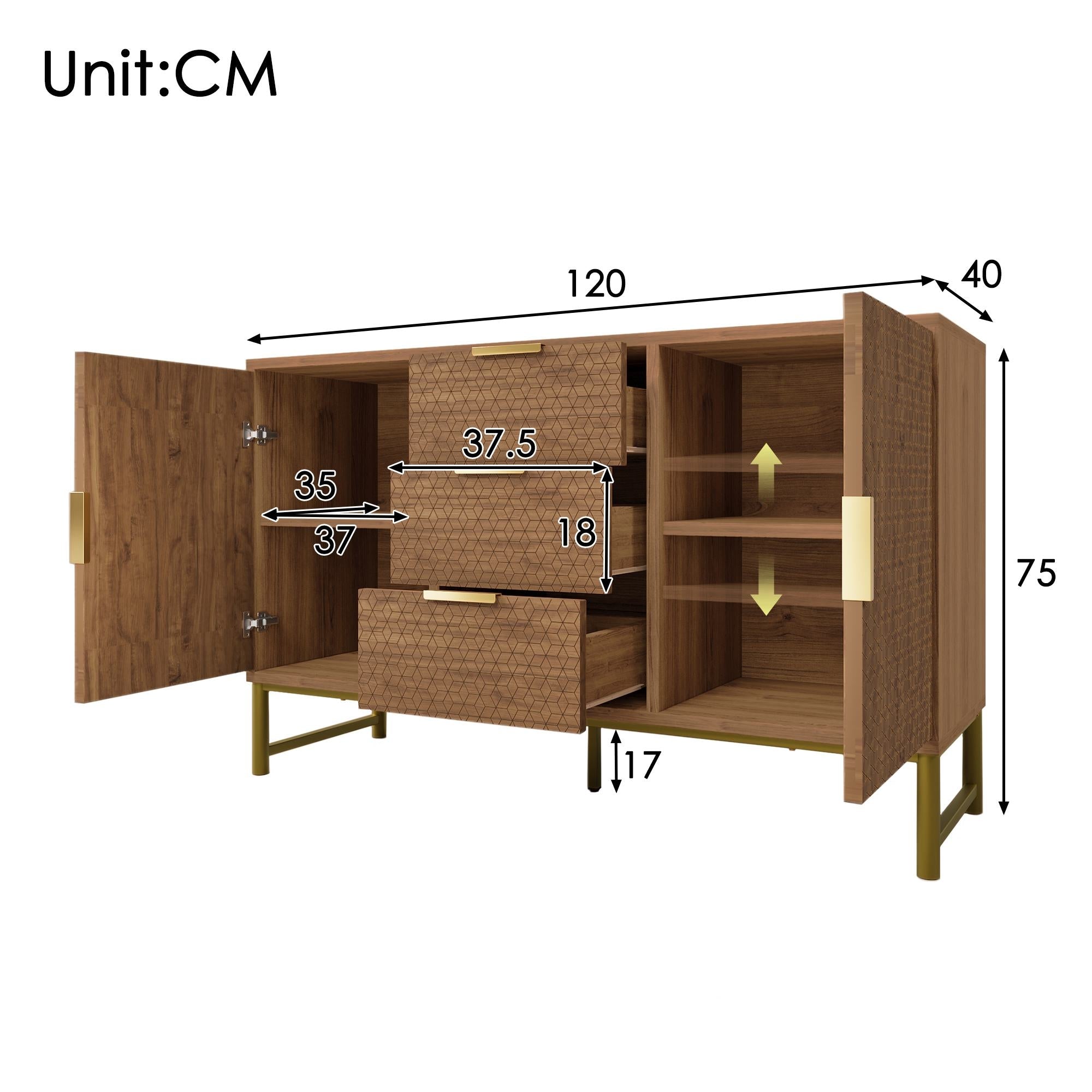 Embossed Design Sideboard Cabinet with 3 Drawers and 2 Doors, Adjustable Shelves, Anti-tip, Storage Cabinet, 120L x 40W x 75H cm, Walnut