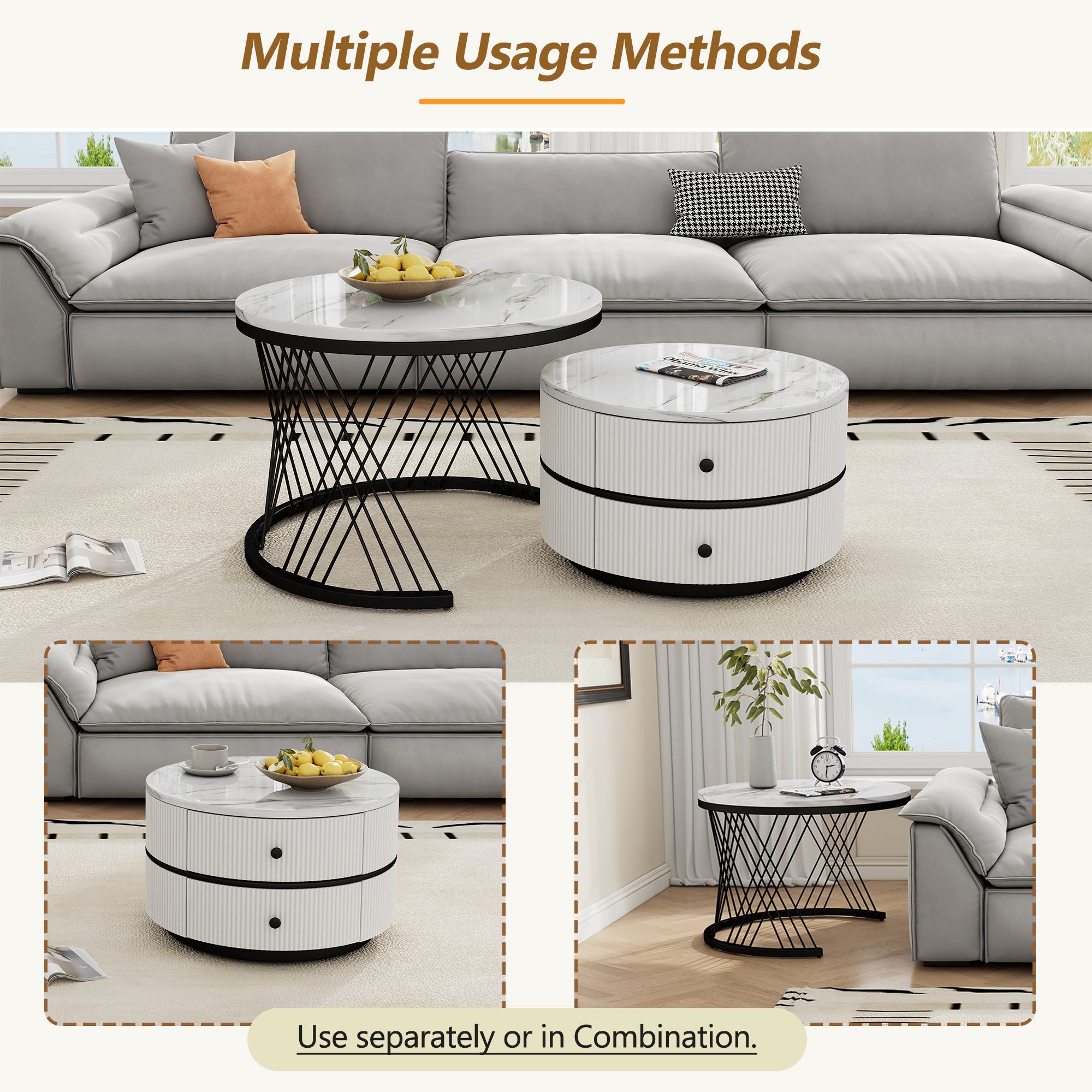 2 Piece High Gloss Round Nesting Coffee Table Set with Marble-Effect Top, Living Room Tables with Storage Drawers, White+Black