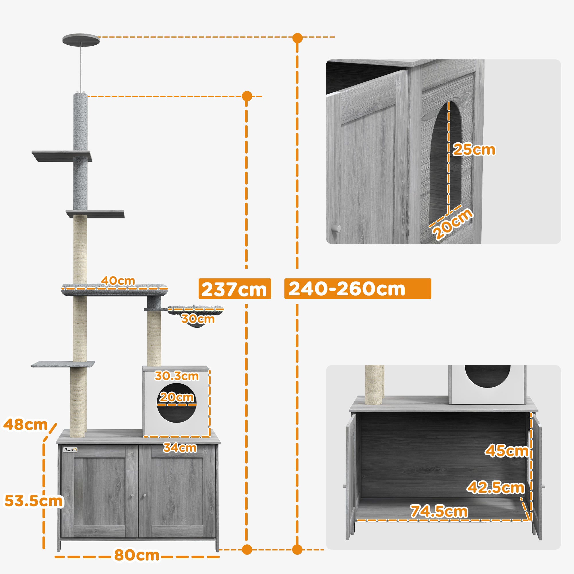 2-in-1 Floor-To-Ceiling Cat Tree with Hidden Litter Box, for Indoor Use - Grey