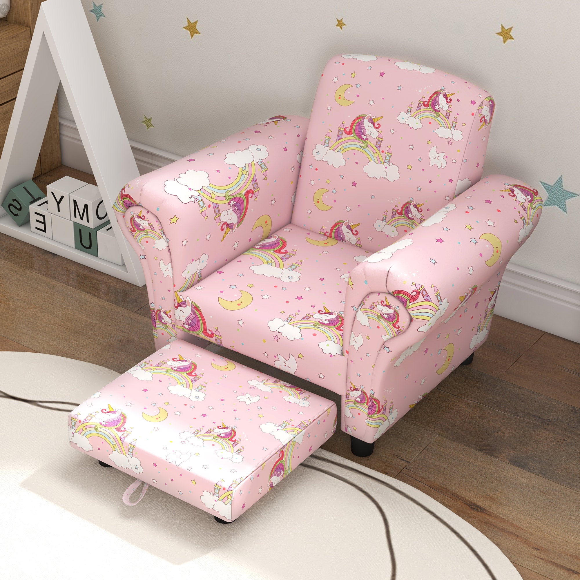 2 Piece Kids Sofa Set with Unicorn Design, Wooden Frame, for 1.5-3 Years Old, Pink