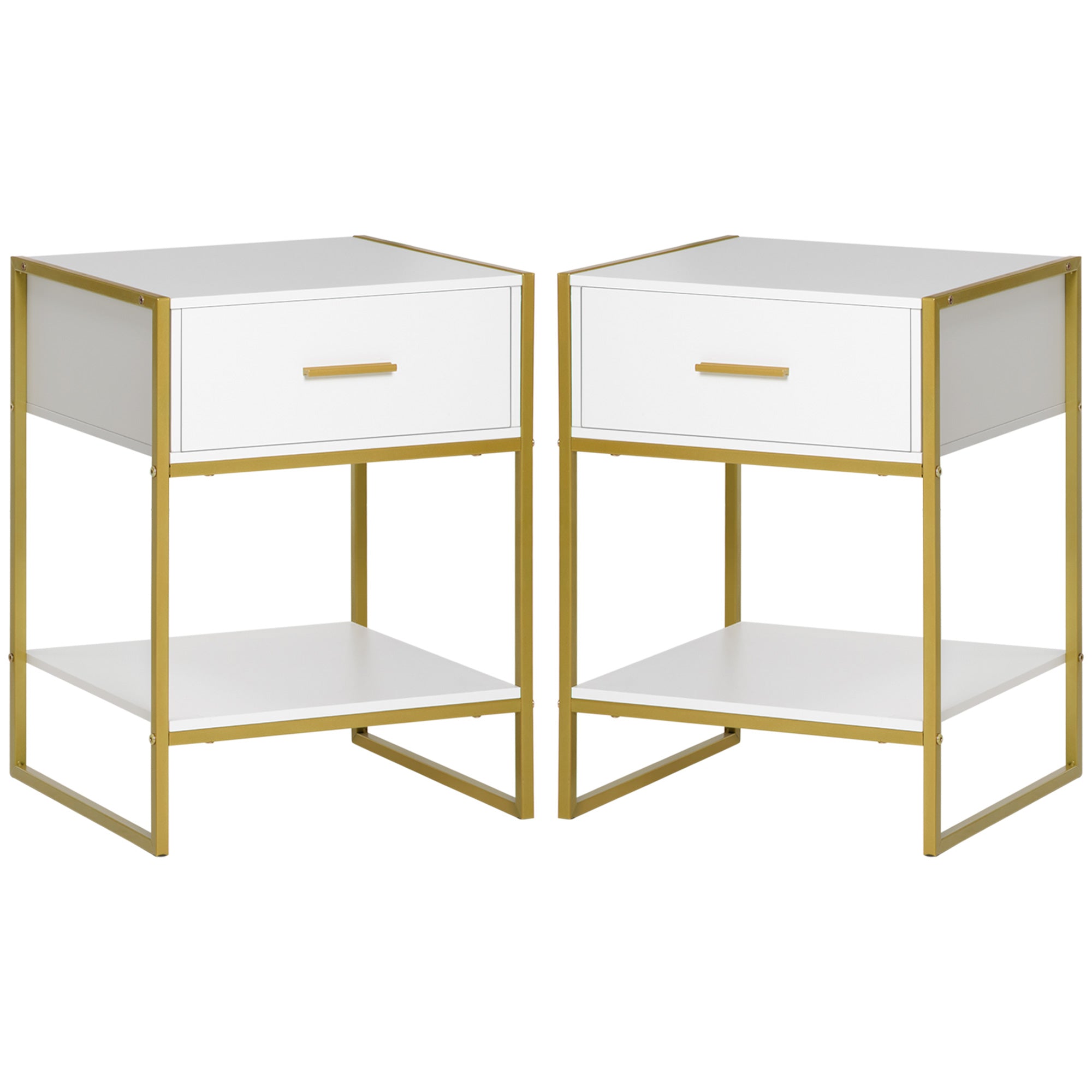 Set of Two Elegant Bedside Tables - White/Gold-Tone