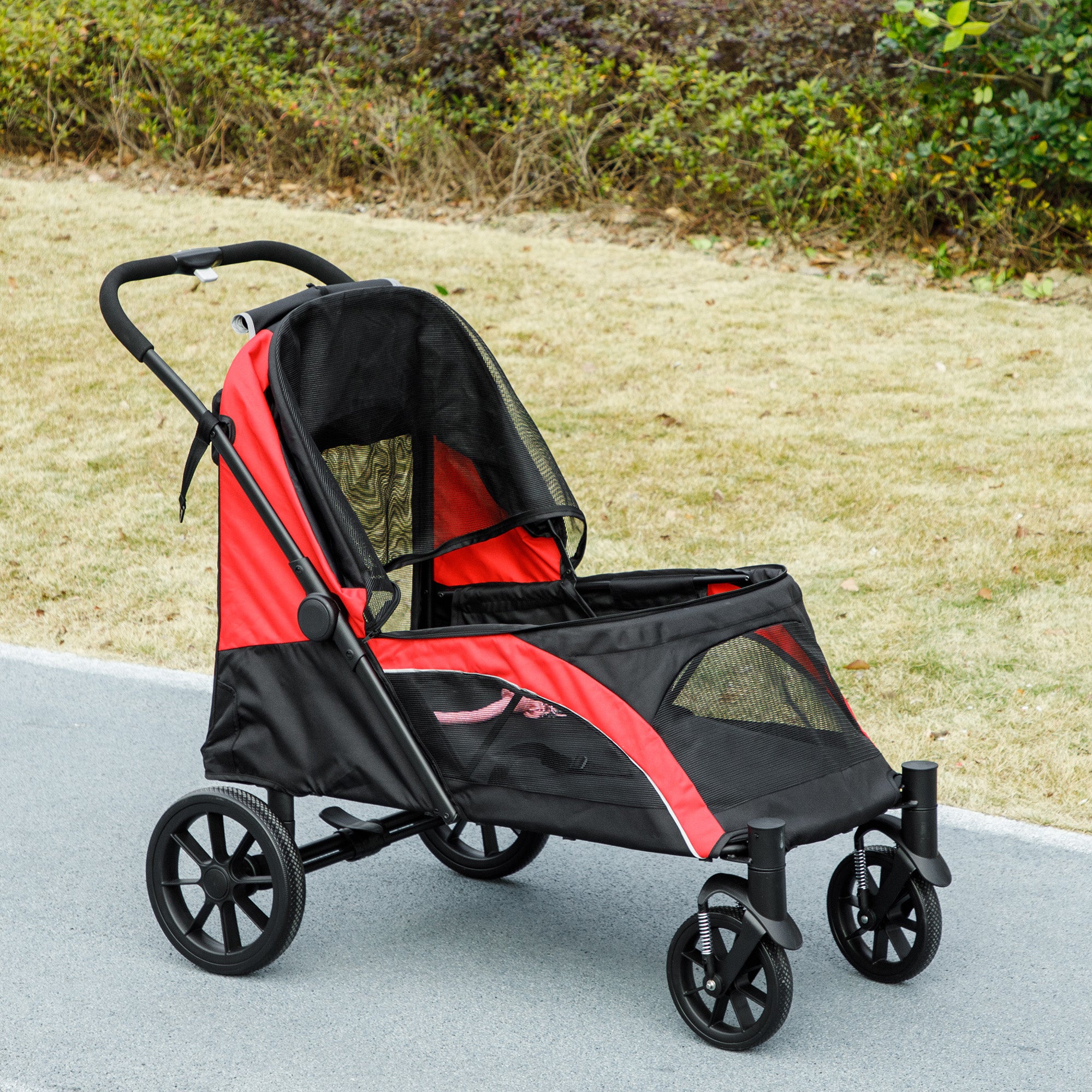 Easy Folding Large Dog Pet Stroller with Shock Absorb Wheels, Safety Leashes & Brakes - Black