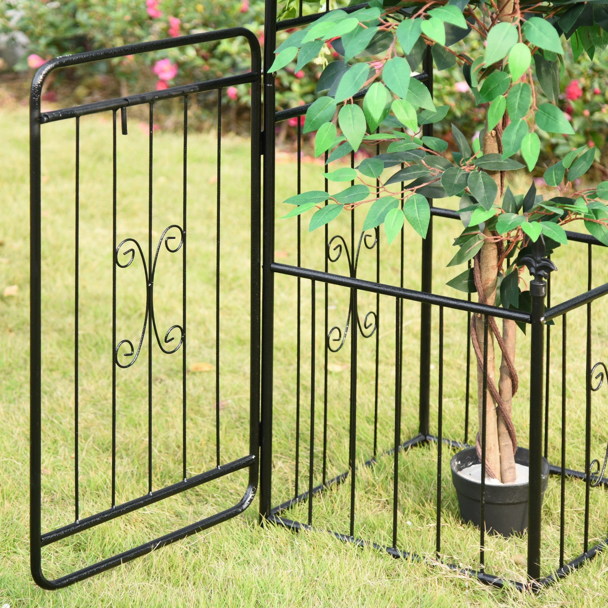 Metal Garden Arbor Arch with Double Doors, 2 Side Planter Baskets, Climbing Vine Frame, Black