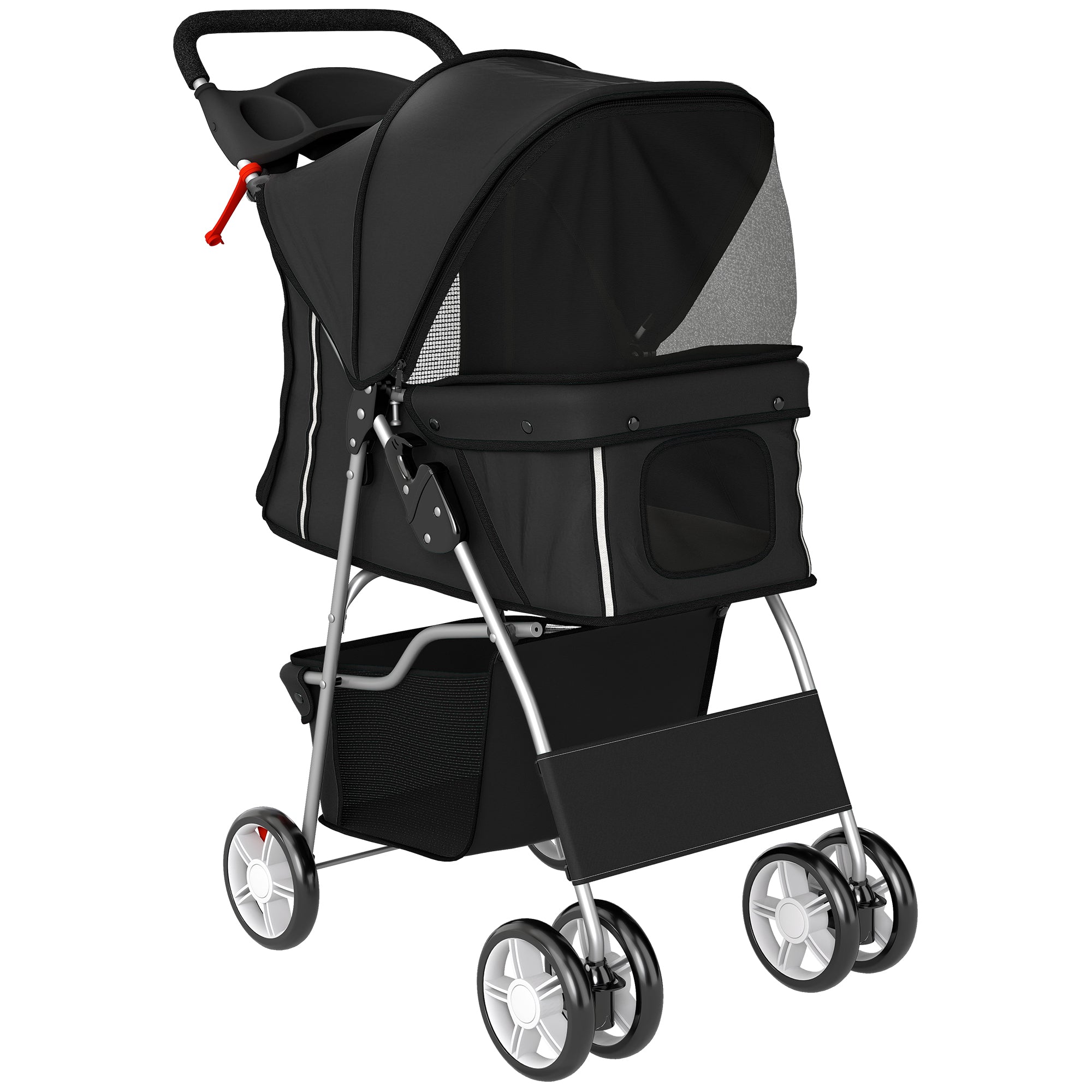 Dog Pram, Pet Stroller with Reflective Strips, Foldable Cat Stroller with 360° Swivel Wheels, Black
