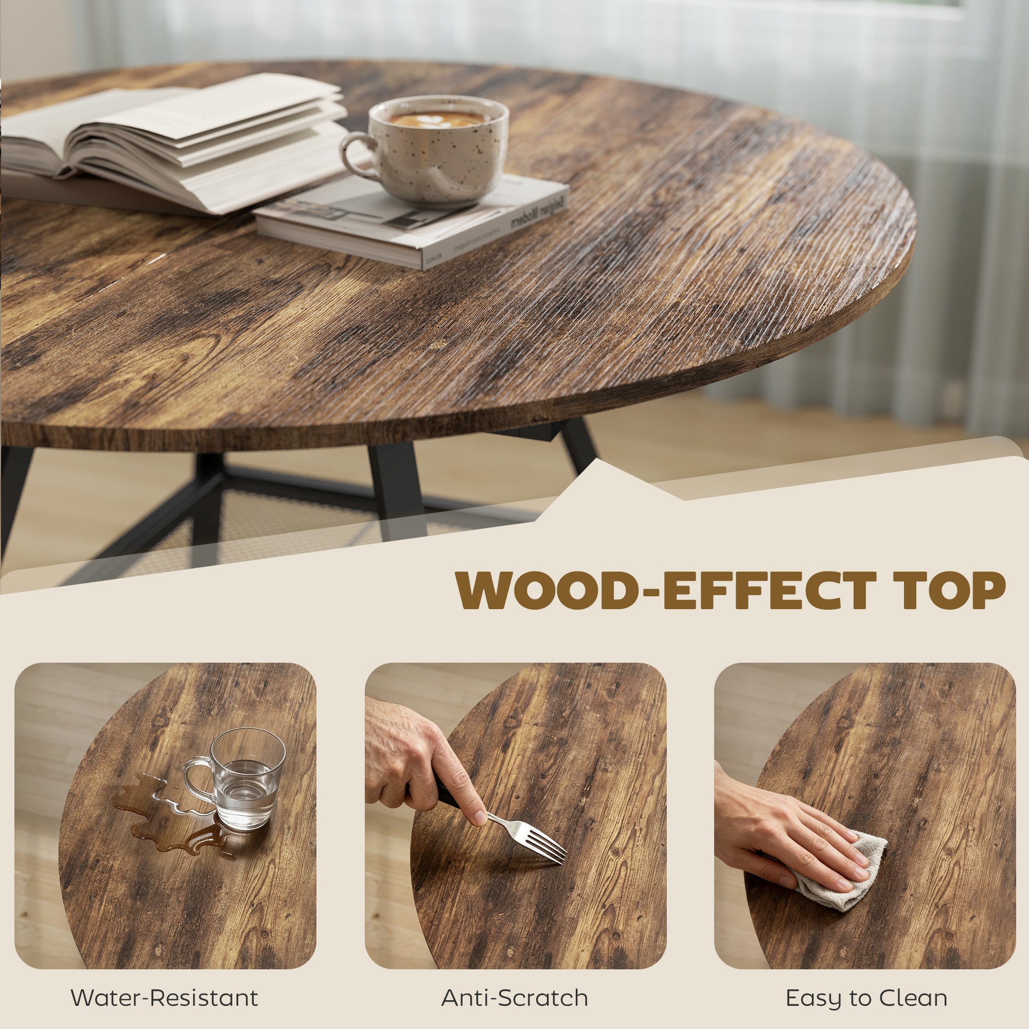 Dining Table for 4 People, 100 cm Round Industrial Kitchen Table with Storage Shelf, Rustic Brown