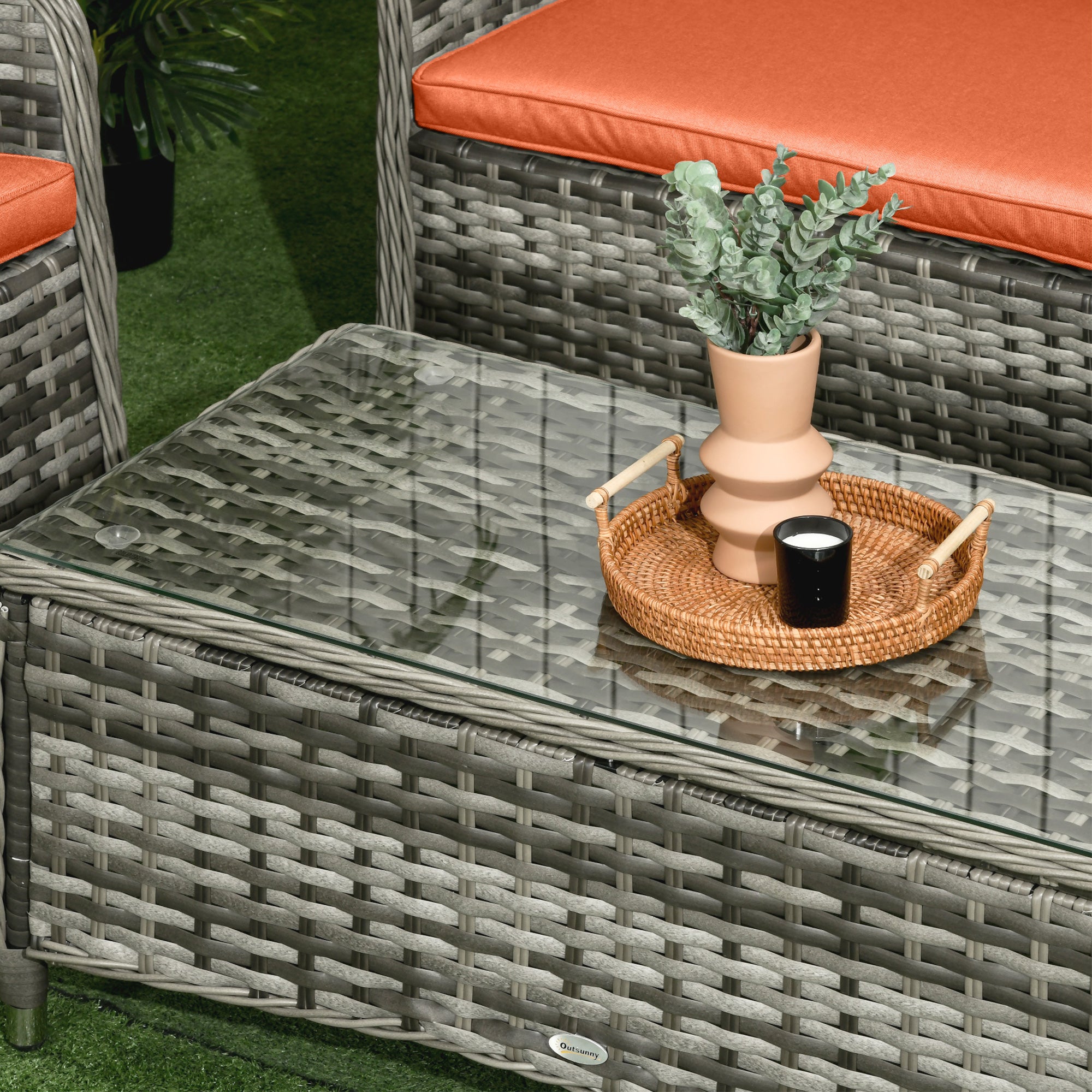 4 Piece Rattan Sofa Set with Glass Top Table - Orange