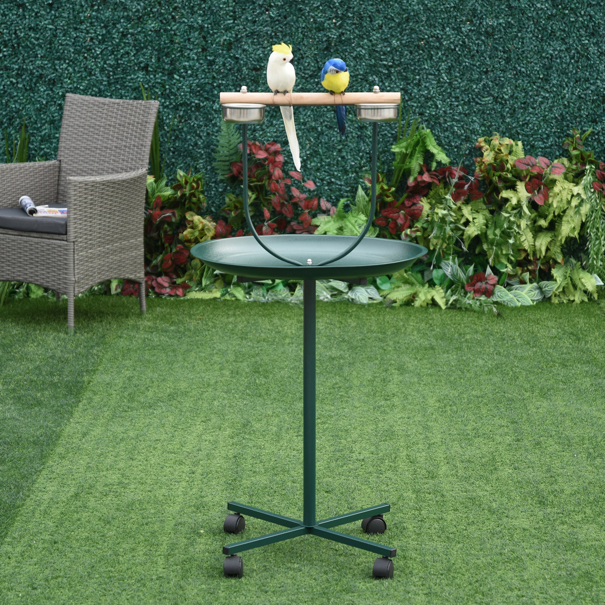 Bird Perch Stand with Perch, Four Wheels, Feeding Bowls for Small & Medium Birds, Green