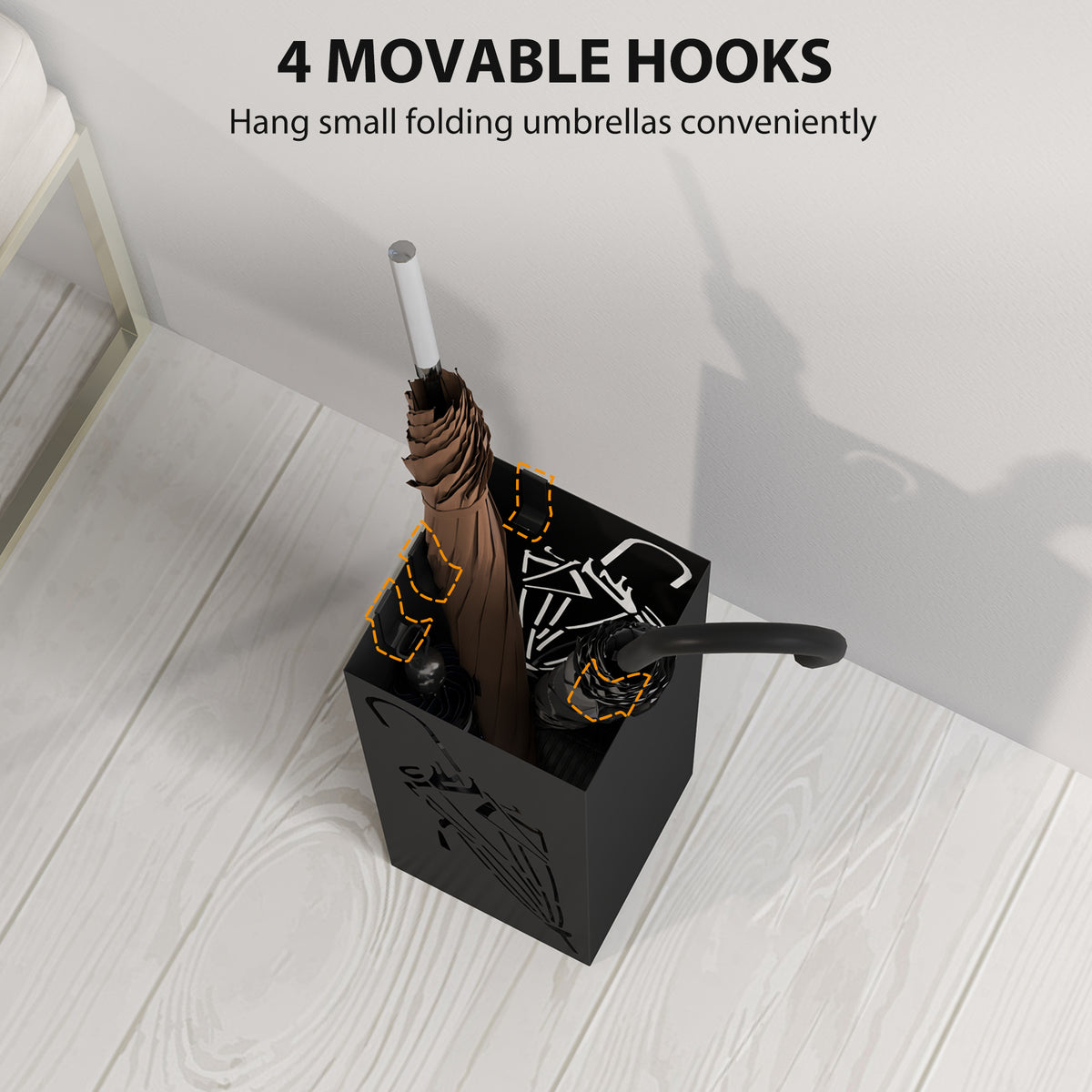 Square Metal Umbrella Stand with 4 Hooks and Removable Drip Tray 15.5x15.5x41 cm - Black