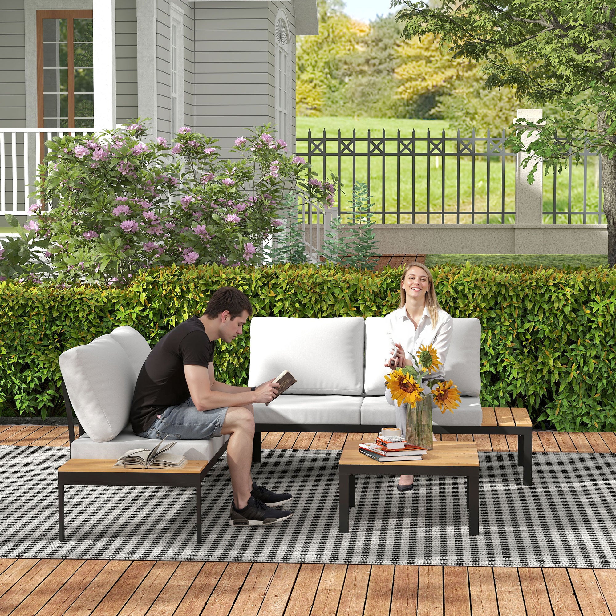 Four-Piece Garden Corner Sofa Set with 2 Loveseats & 2 Coffee Tables - Grey