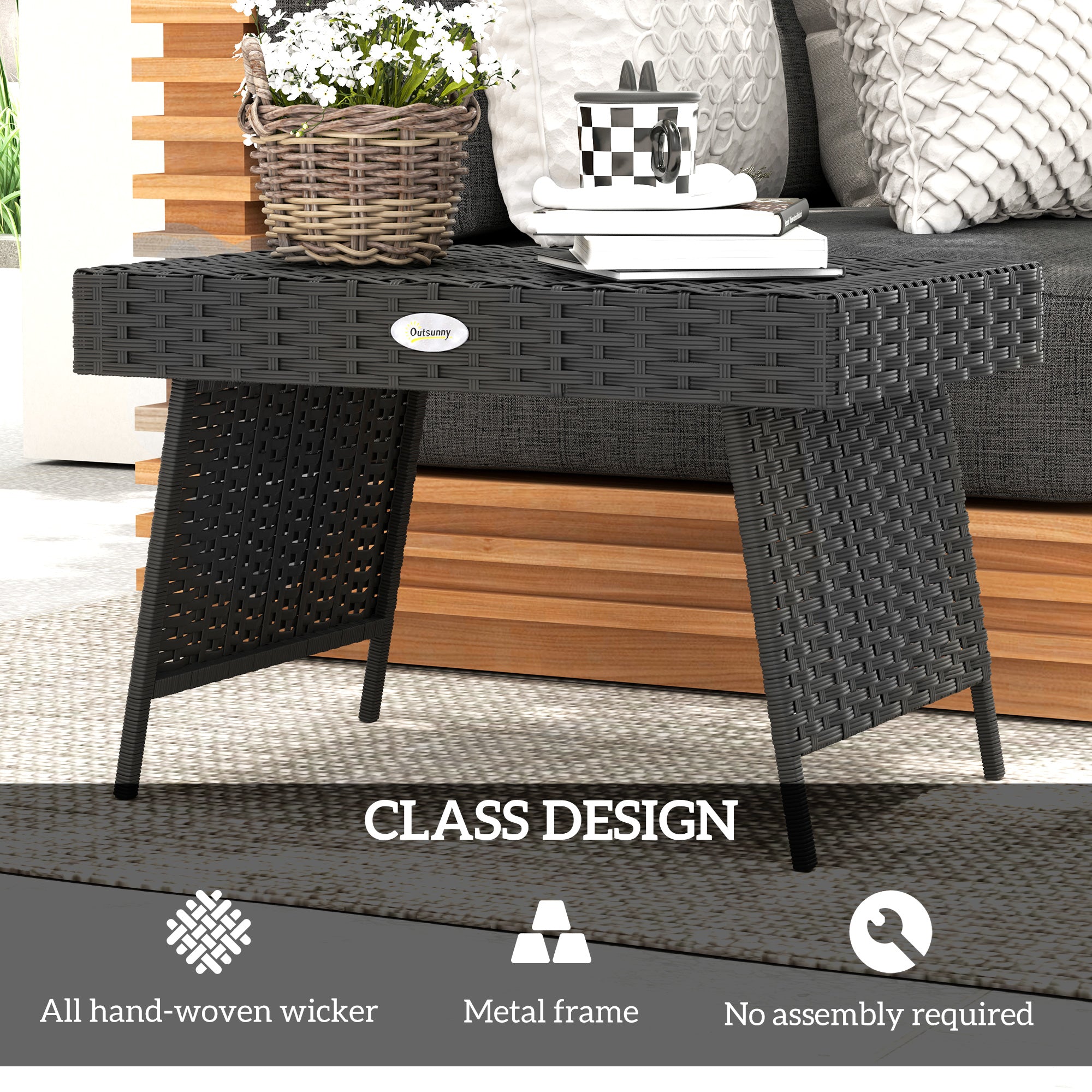 Foldable Outdoor Rattan Side Table with Steel Frame 60x41x41 cm - Black