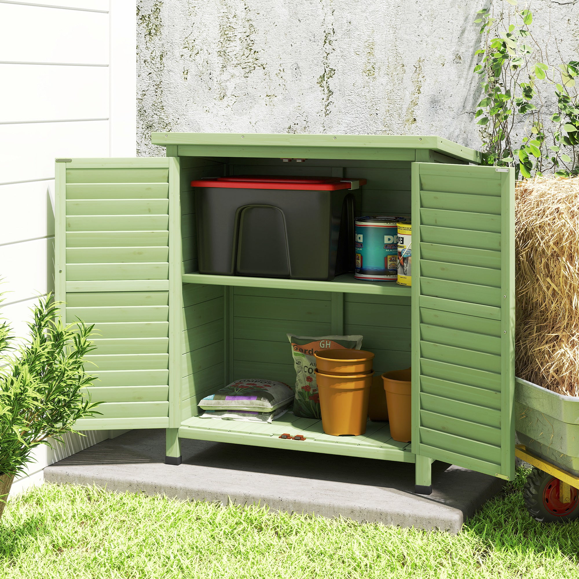 Garden Shed Wooden Garden Storage Shed 2 Door Unit Solid Fir Wood Garage Tool Organisation Cabinet, 87L x 46.5W x 96.5Hcm, Green