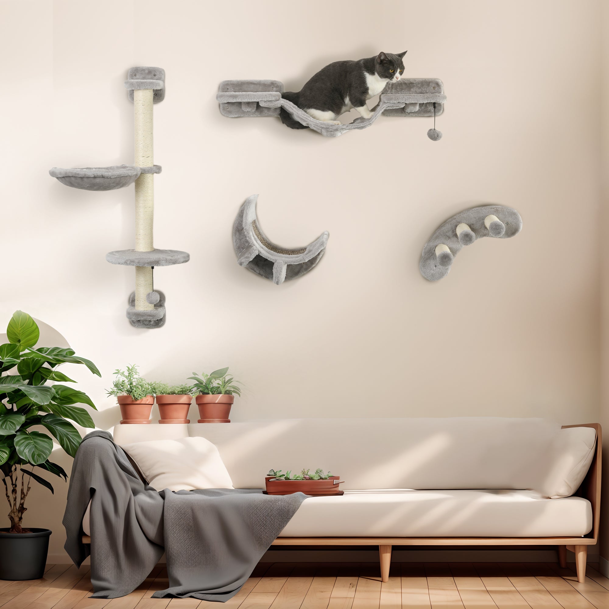 Four-Piece Cat Wall Furniture, with Hammock, Ladder, Platforms, Steps, for Indoor Use - Grey