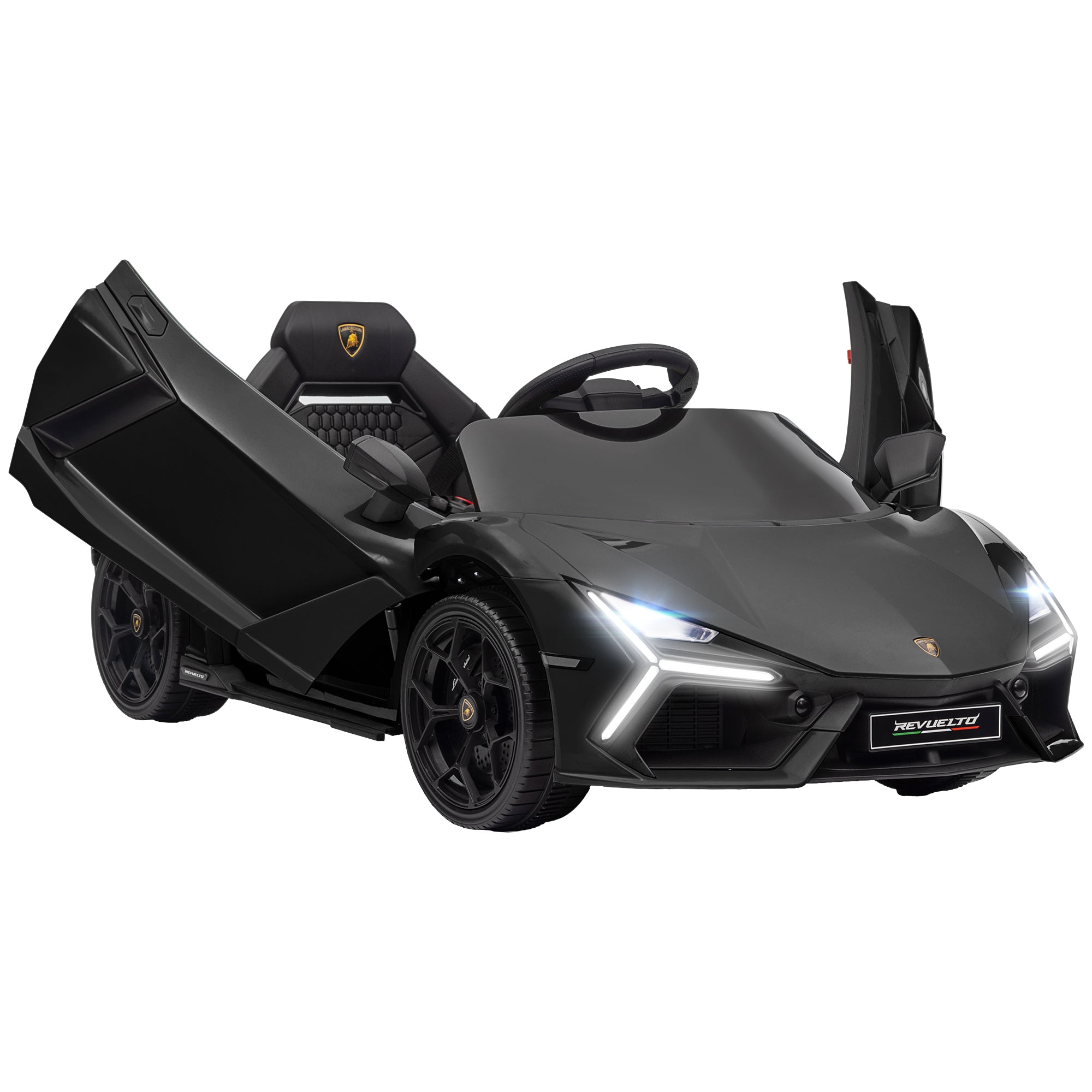 Lamborghini Revuelto Licensed 12V Ride on Car w/ Butterfly Doors, Transport Wheels, Suspension, Remote Control, Black