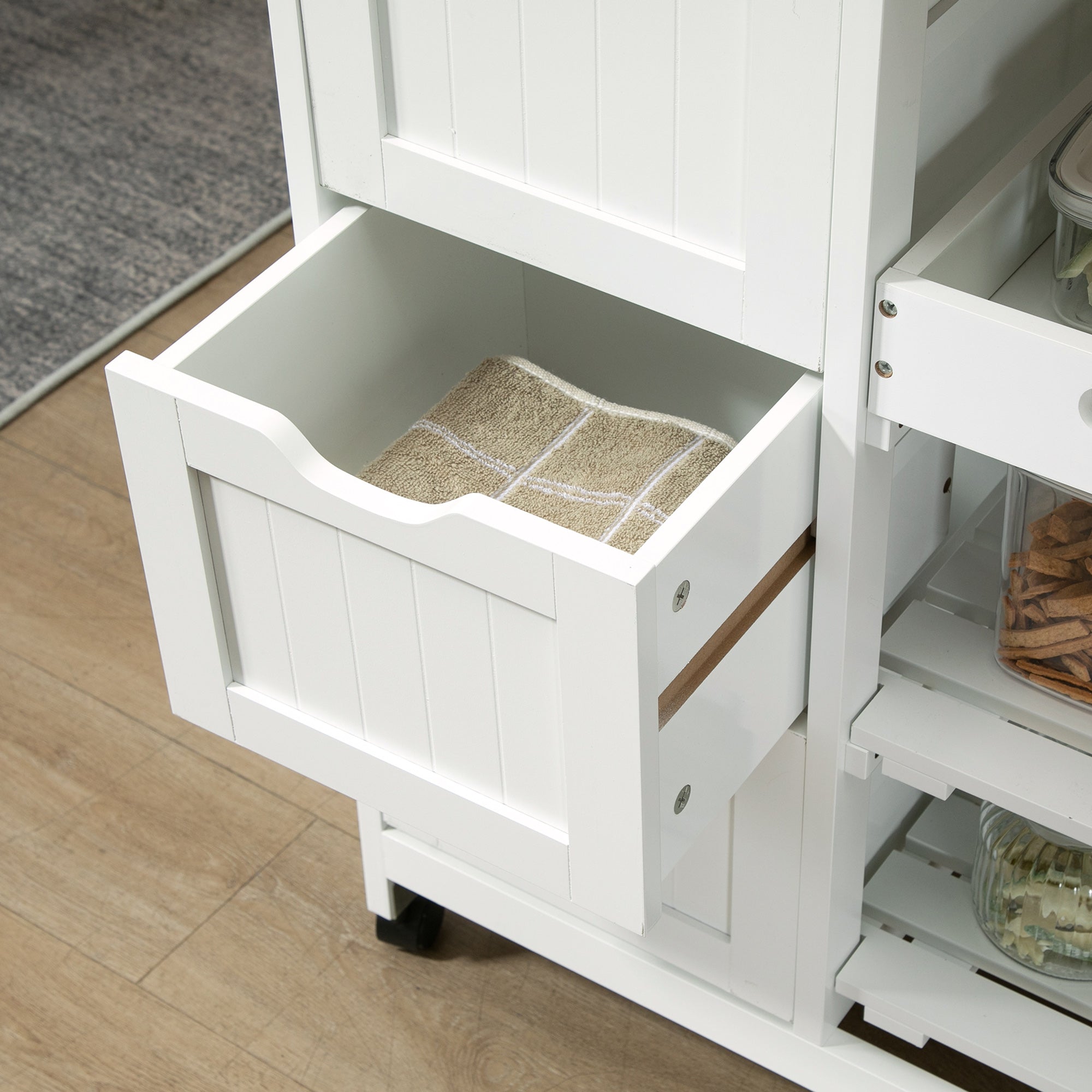 Rolling Kitchen Island Cart, Bar Serving Cart, Compact Trolley on Wheels with Wood Top, Shelves & Drawers for Home Dining Area, White