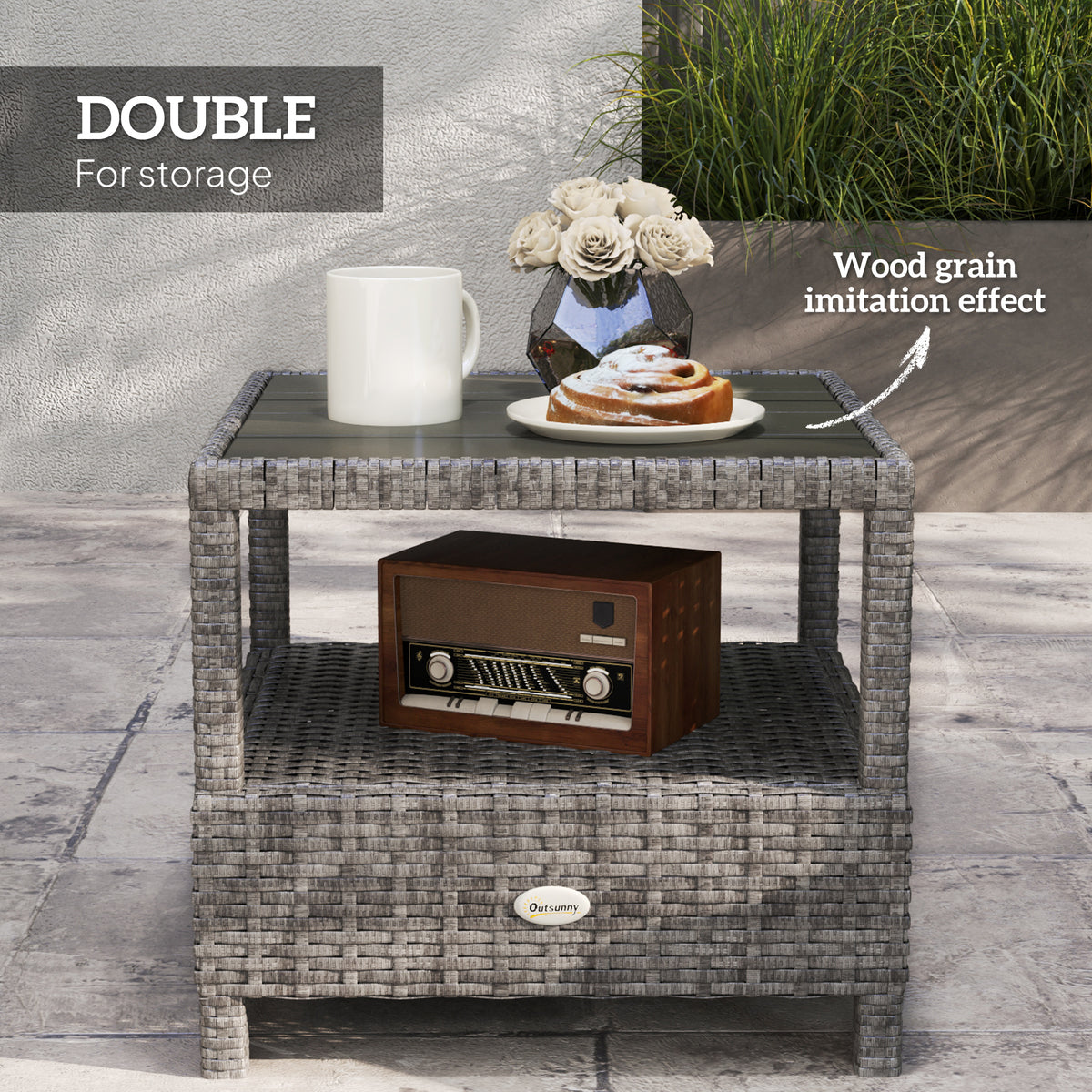 2 Seater Patio Rattan Wicker Chaise Lounge Sofa Set with Cushions and Coffee Table - Grey