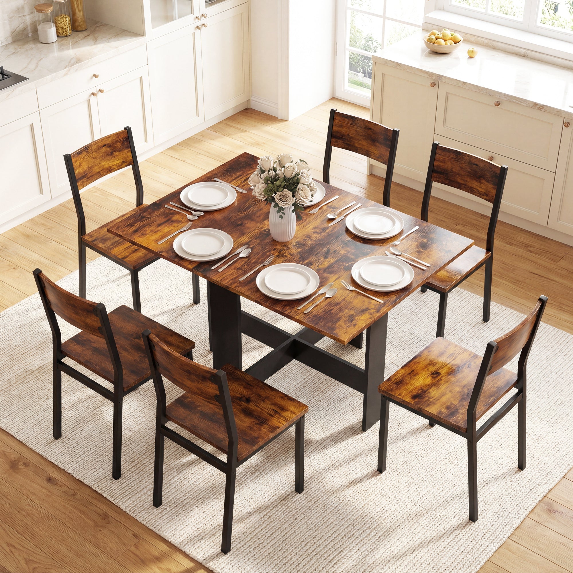 Folding Dining Table, Space-Saving Drop Leaf Kitchen Table for 4-6 People Rustic Brown