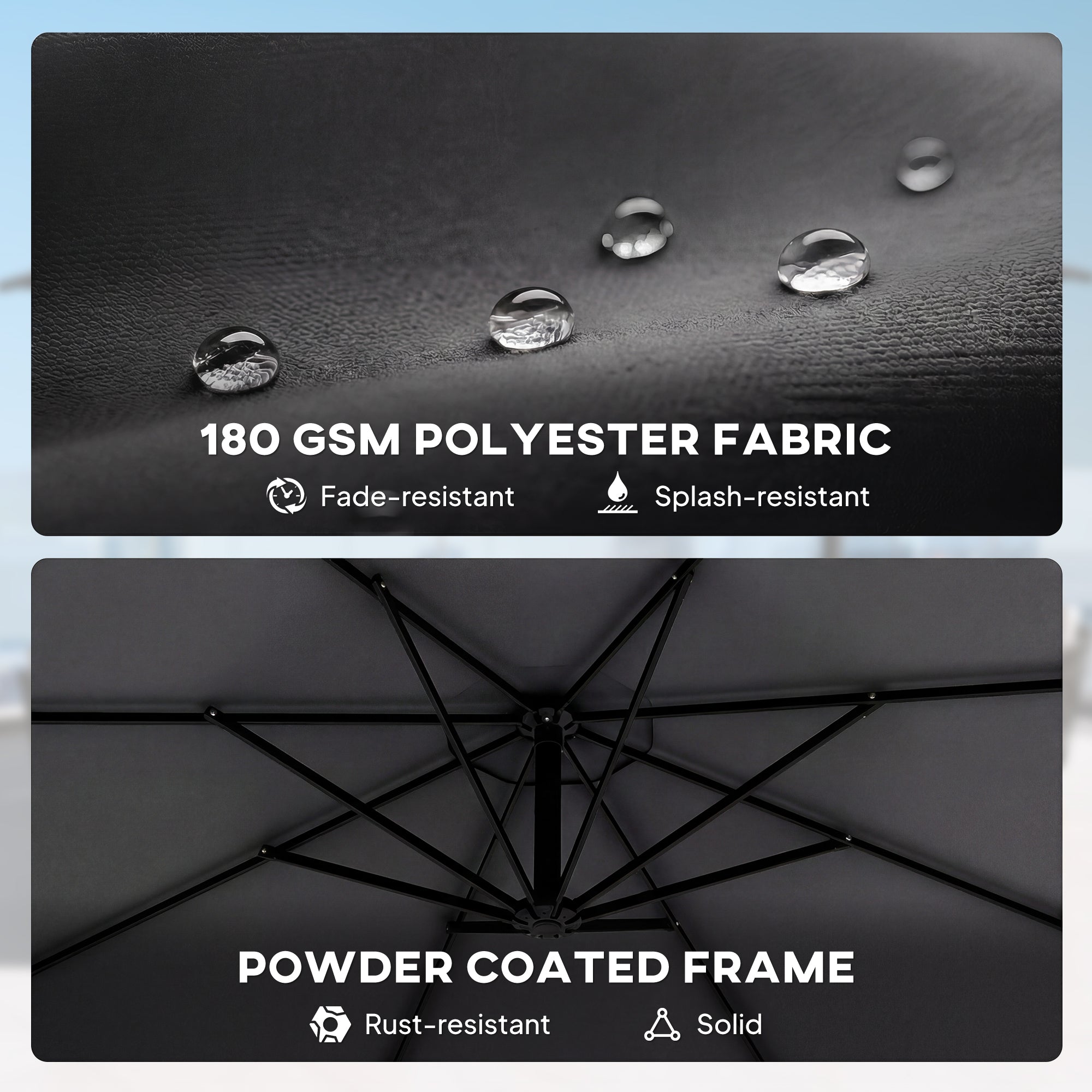 3 m Cantilever Parasol with Protective Cover and Wind Ropes, Banana Parasol with Crank Handle, Black