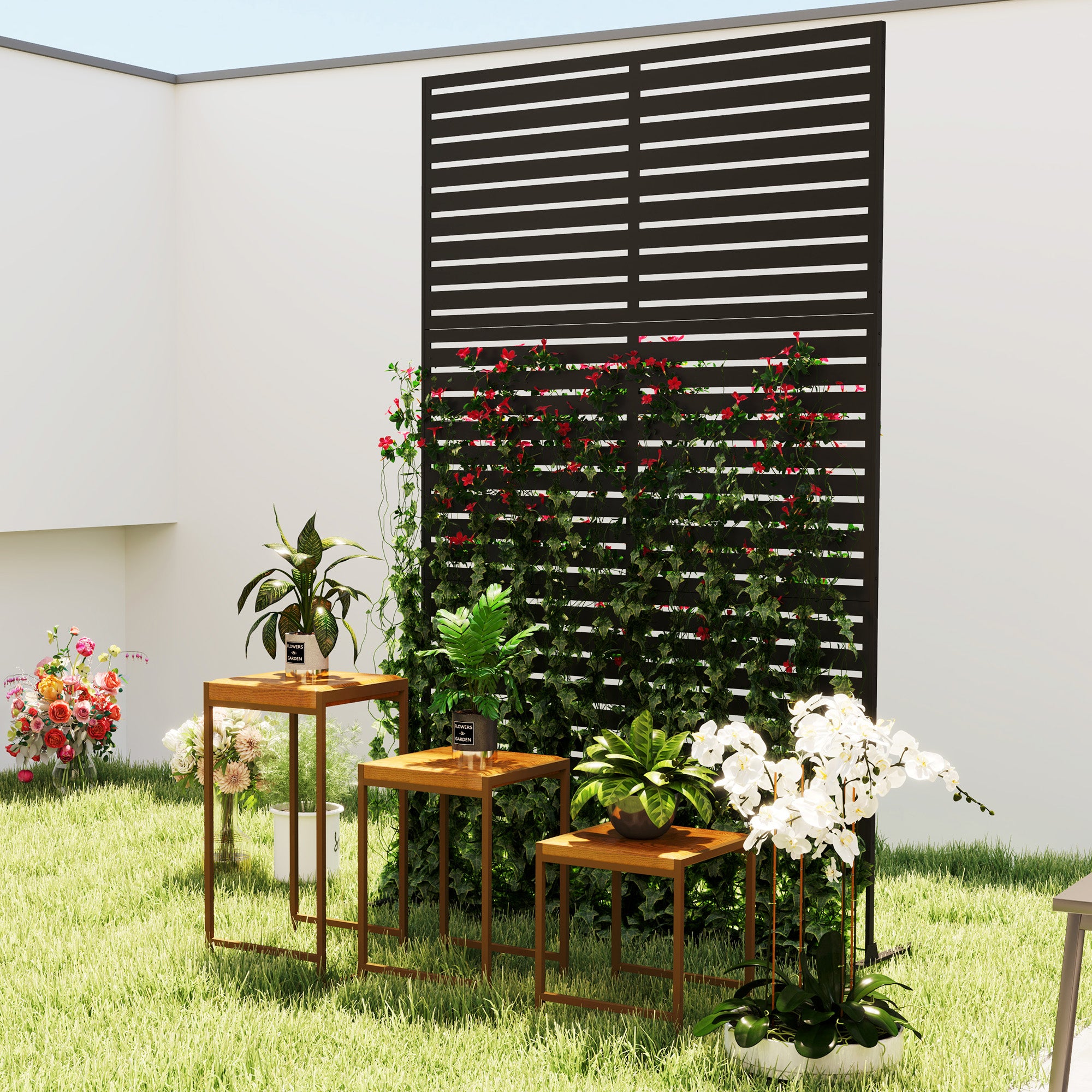 Decorative Privacy Fence Screen, Metal Outdoor Privacy Screen Climbing Plant Trellis with Stand, 122 x 198 cm, Black