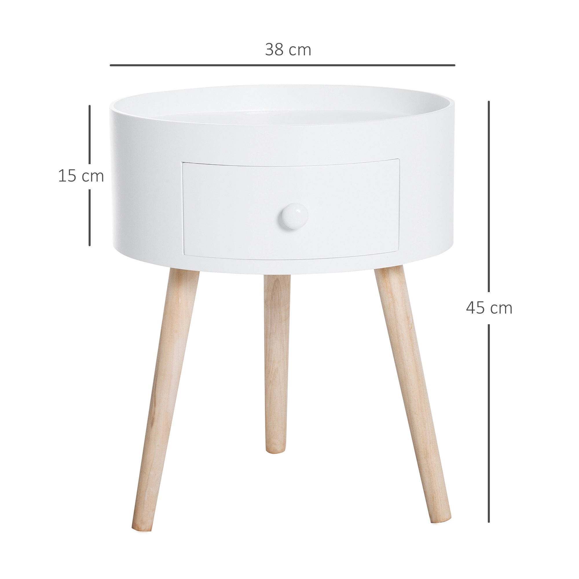 Modern Side Table, Small Coffee Table, Round Bedside Table with Drawer and Wood Legs for Living Room, Bedroom, Set of 2, White