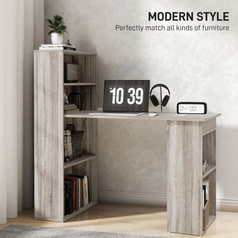 120cm Modern Computer Desk Bookshelf Study Table Workstation PC Laptop Writing Home Office 6 Shelves, Grey Wood-Effect