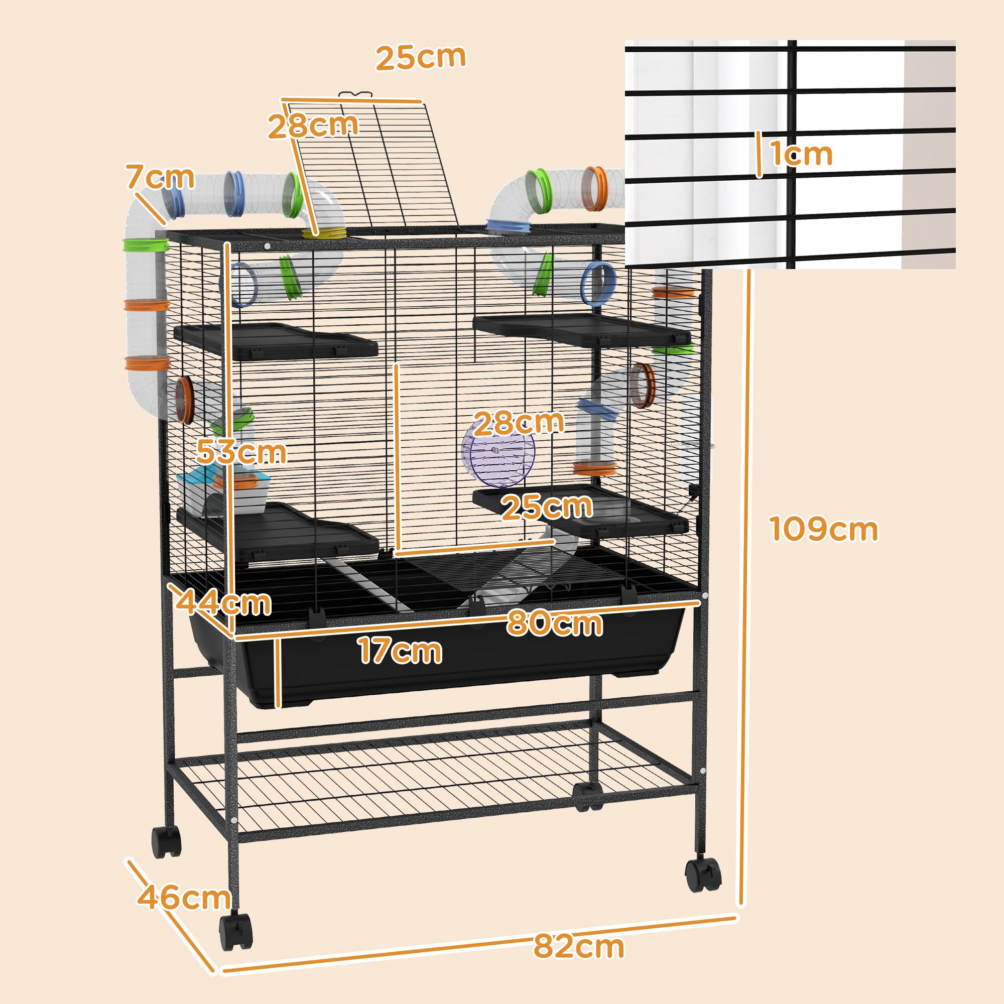 Large Hamster Cage, Gerbil Cage with Tubes, Storage Shelf, Ramps, Platforms, Running Wheel - Black