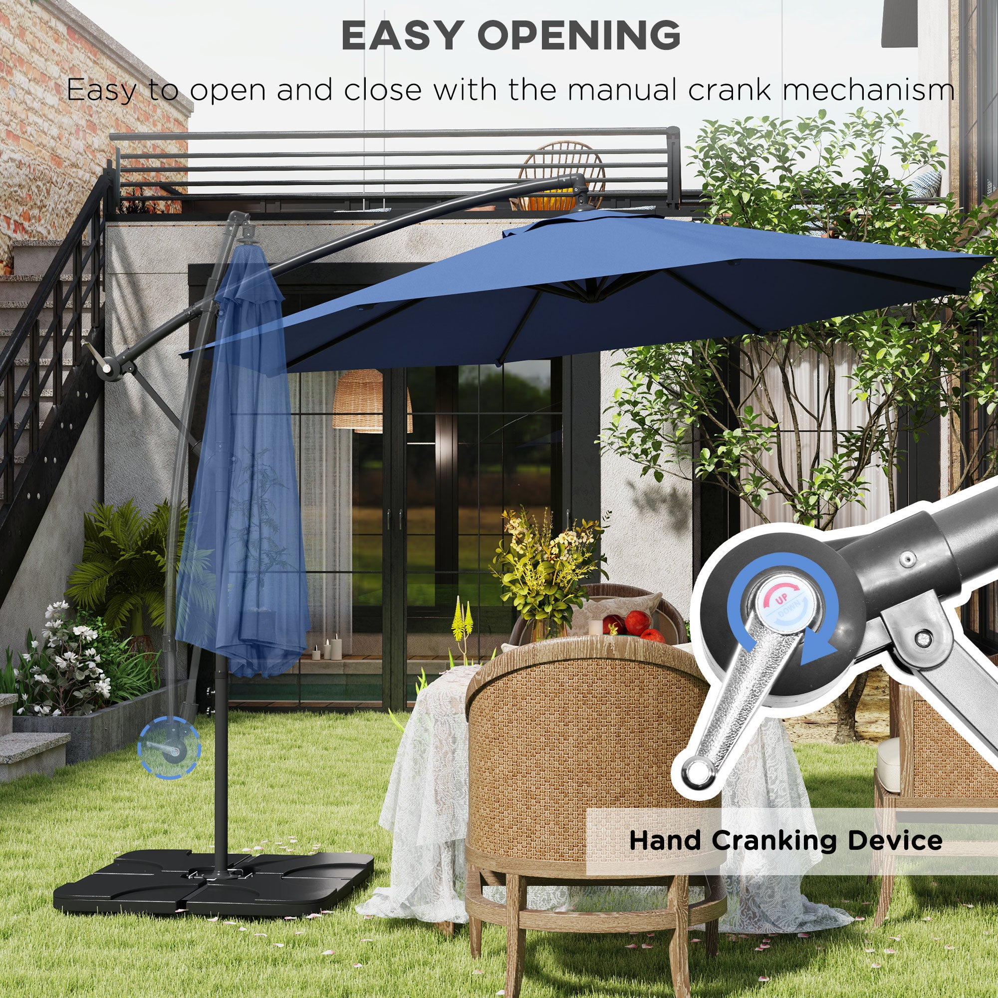 3m Overhanging Parasol, with Base, Weights and Cover - Blue