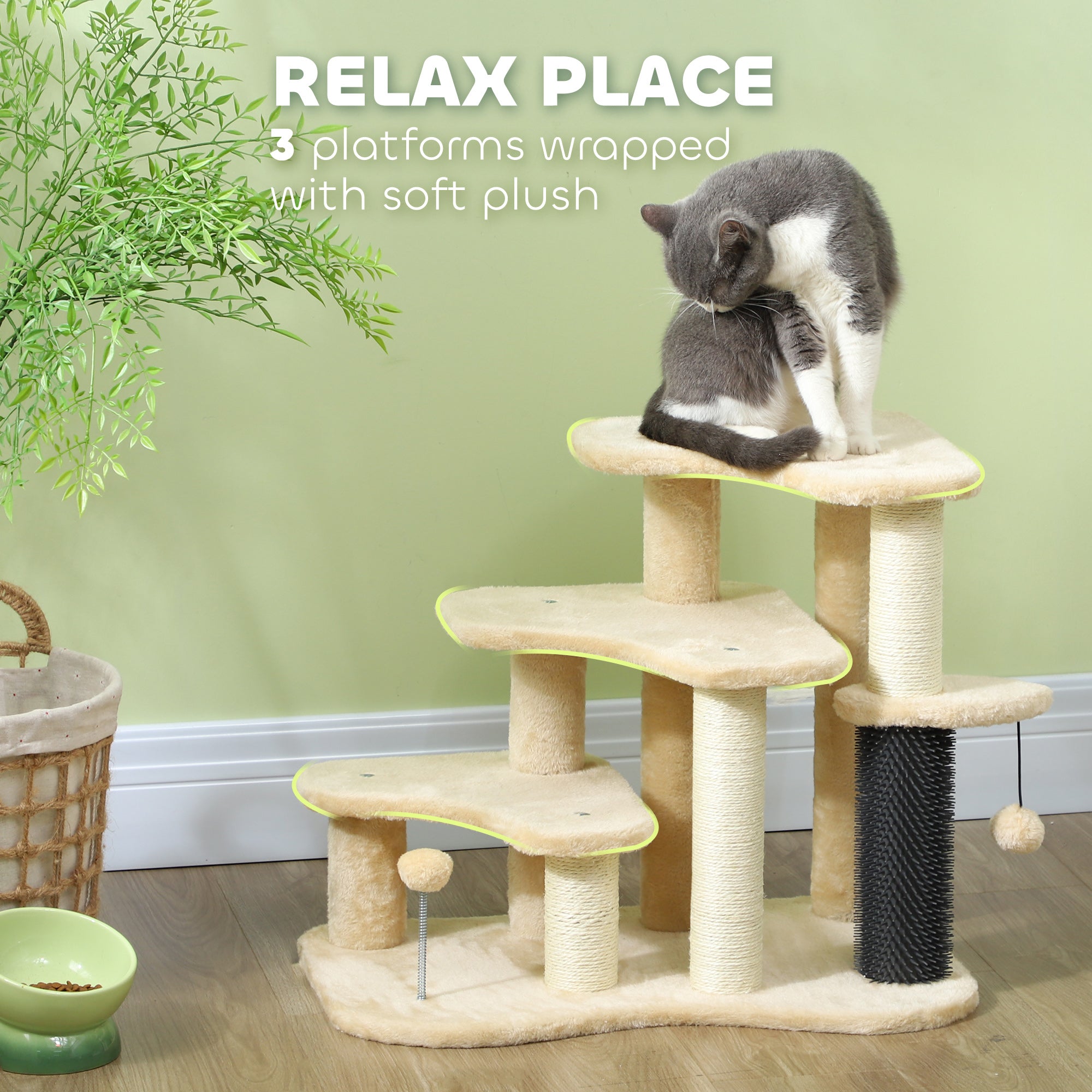 2-in-1 Cat Tree, Pet Stairs with Scratching Tickling Post, Toy Balls, for Bed, Sofa, Couch, Beige