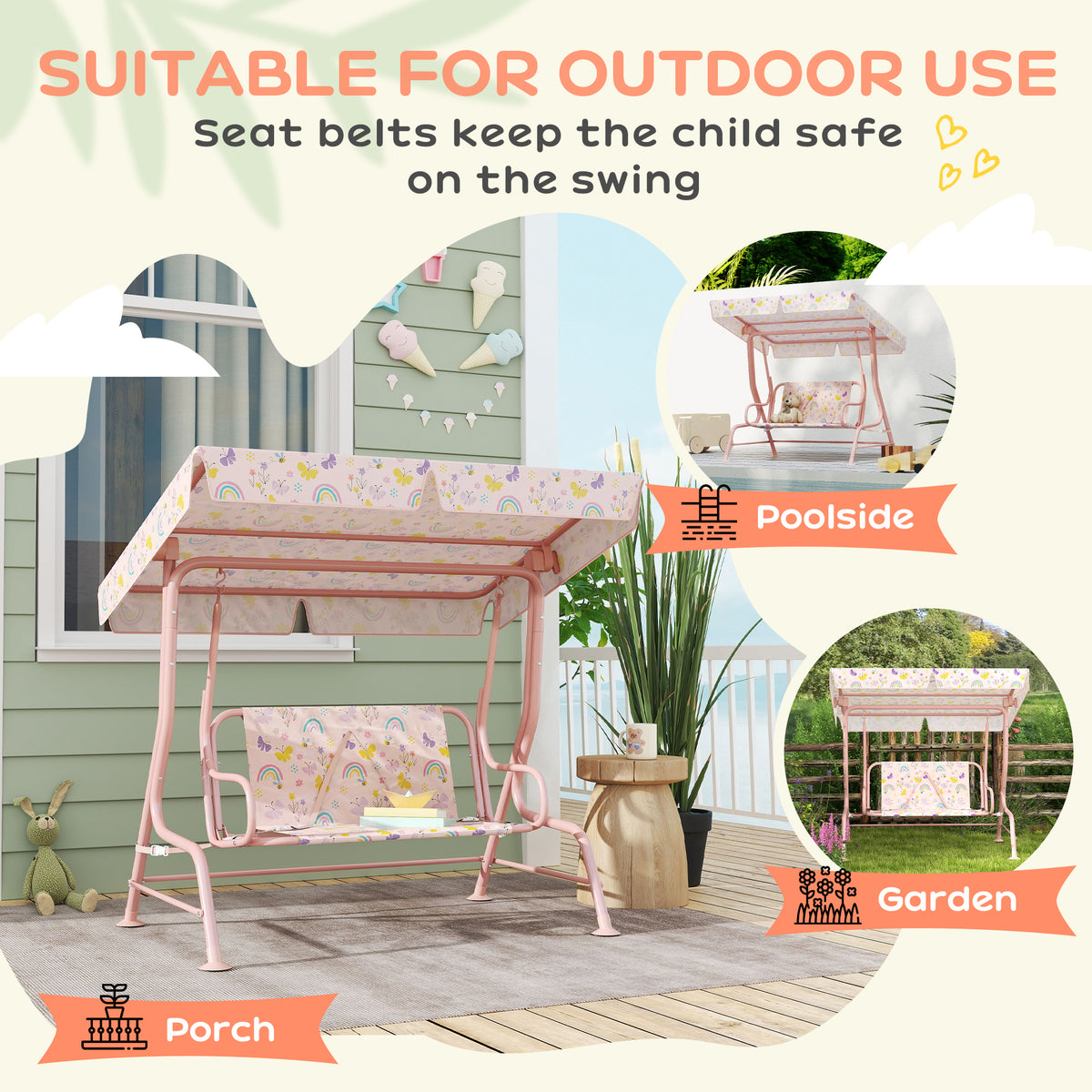 Kids 2-Seater Garden Swing Chair with Adjustable Canopy and Safety Belt - Pink