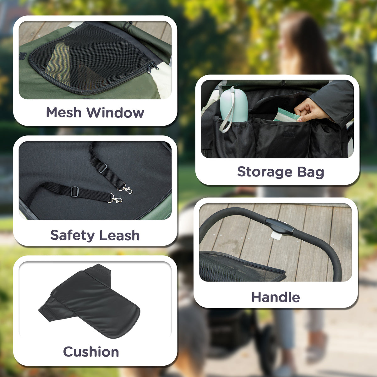 Easy Folding Large Dog Pet Stroller with Shock Absorb Frame, Safety Leashes & Brakes - Dark Green