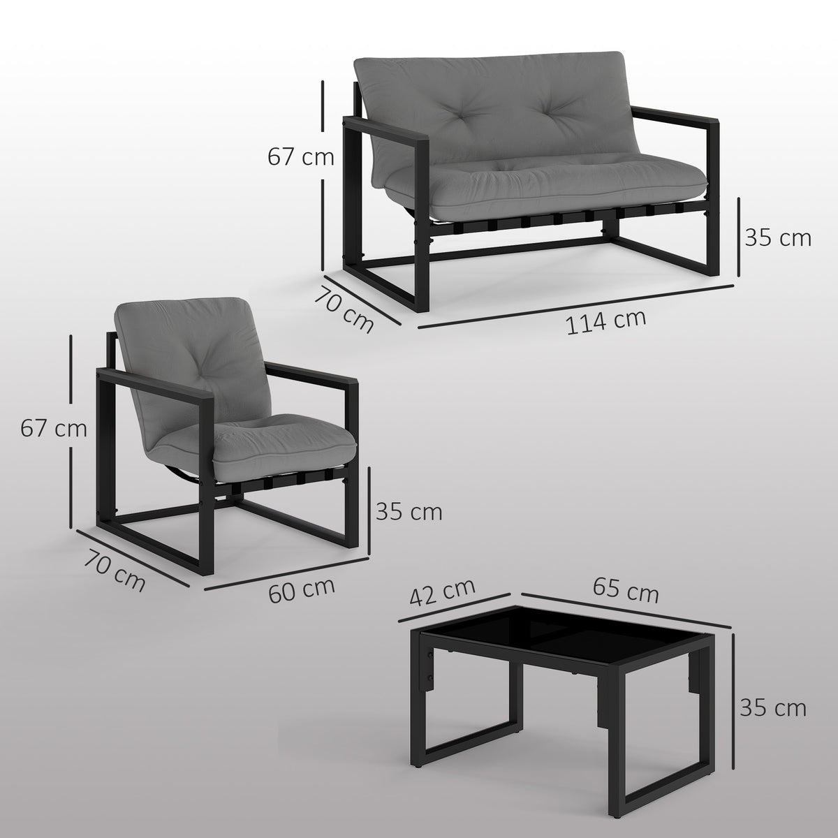 4-Piece Garden Furniture Set with Loveseat, Armchairs & Glass Coffee Table - Dark Grey