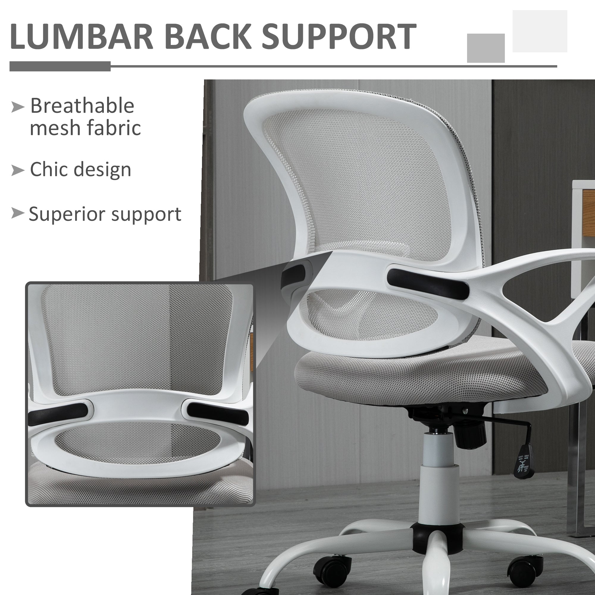 Office Chair Mesh Swivel Desk Chair with Lumbar Back Support Adjustable Height Armrests Grey