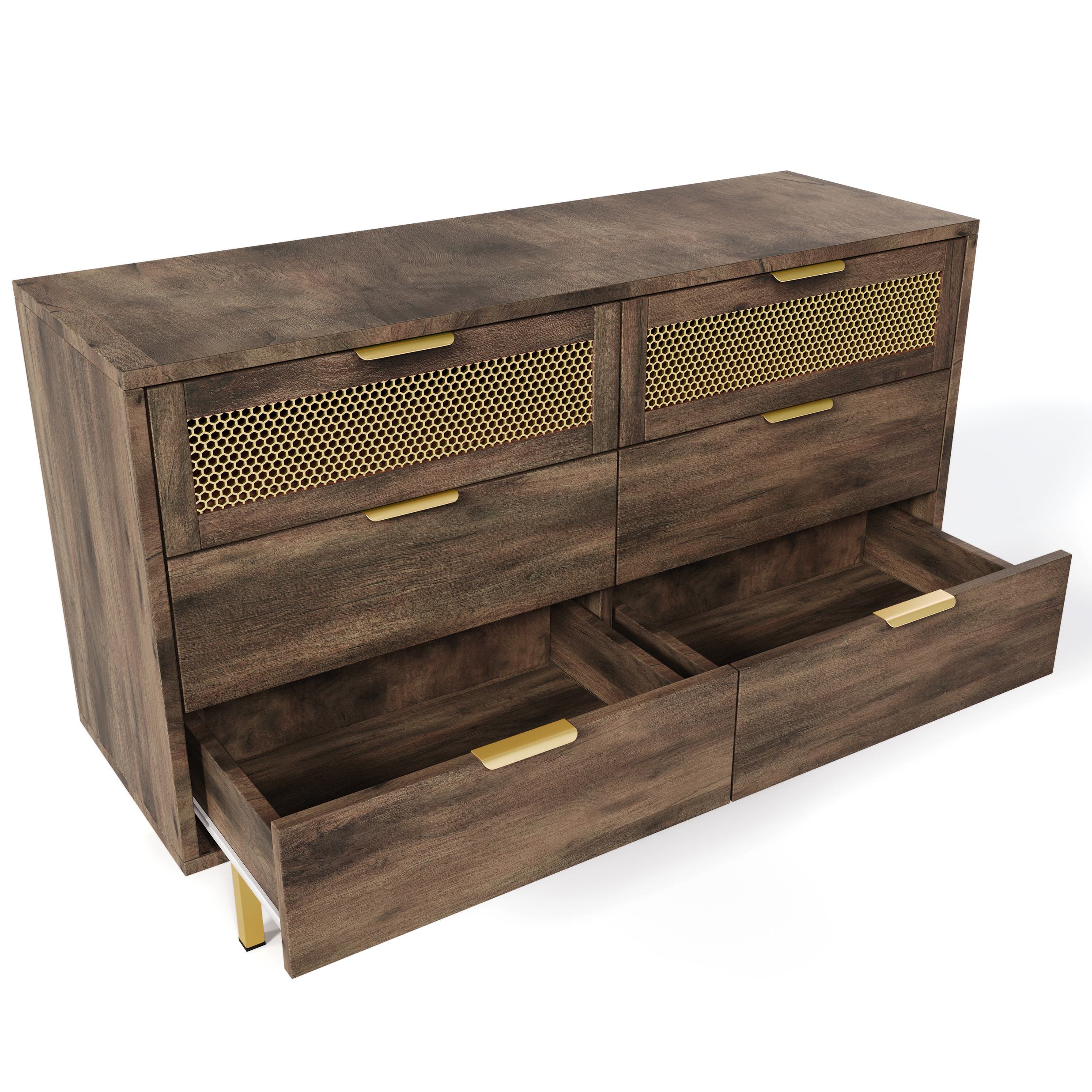 Sideboard Cabinet Dresser with 6 Drawers, Metal Handles, Multipurpose Storage Cabinet for Hallway, Bedroom, 120L x 40W x 76H cm, Dark Brown