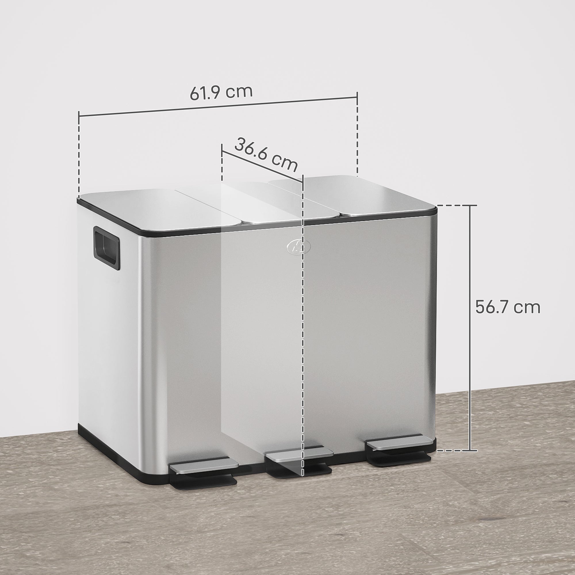 3 x 20L Pedal Bin, Steel Triple Kitchen Bin with Soft Close Lid, Removable Inner Buckets, Fingerprint-Proof, Silver Tone